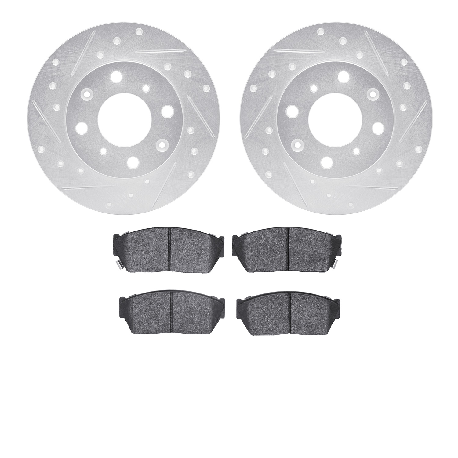 7502-59138 Drilled/Slotted Brake Rotors w/5000 Advanced Brake Pads Kit [Silver], 1984-1987 Acura/Honda, Position: Front