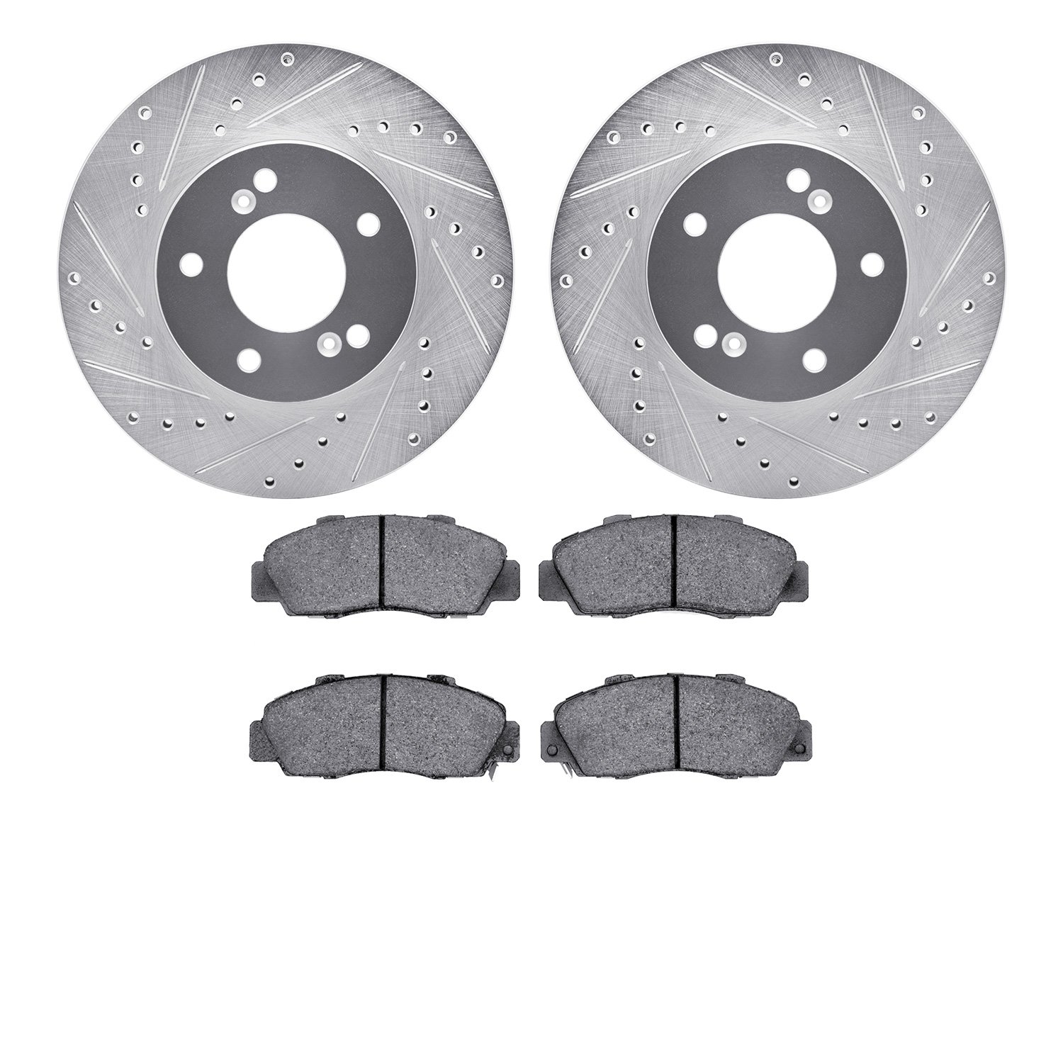 7502-59313 Drilled/Slotted Brake Rotors w/5000 Advanced Brake Pads Kit [Silver], 1997-2001 Acura/Honda, Position: Front