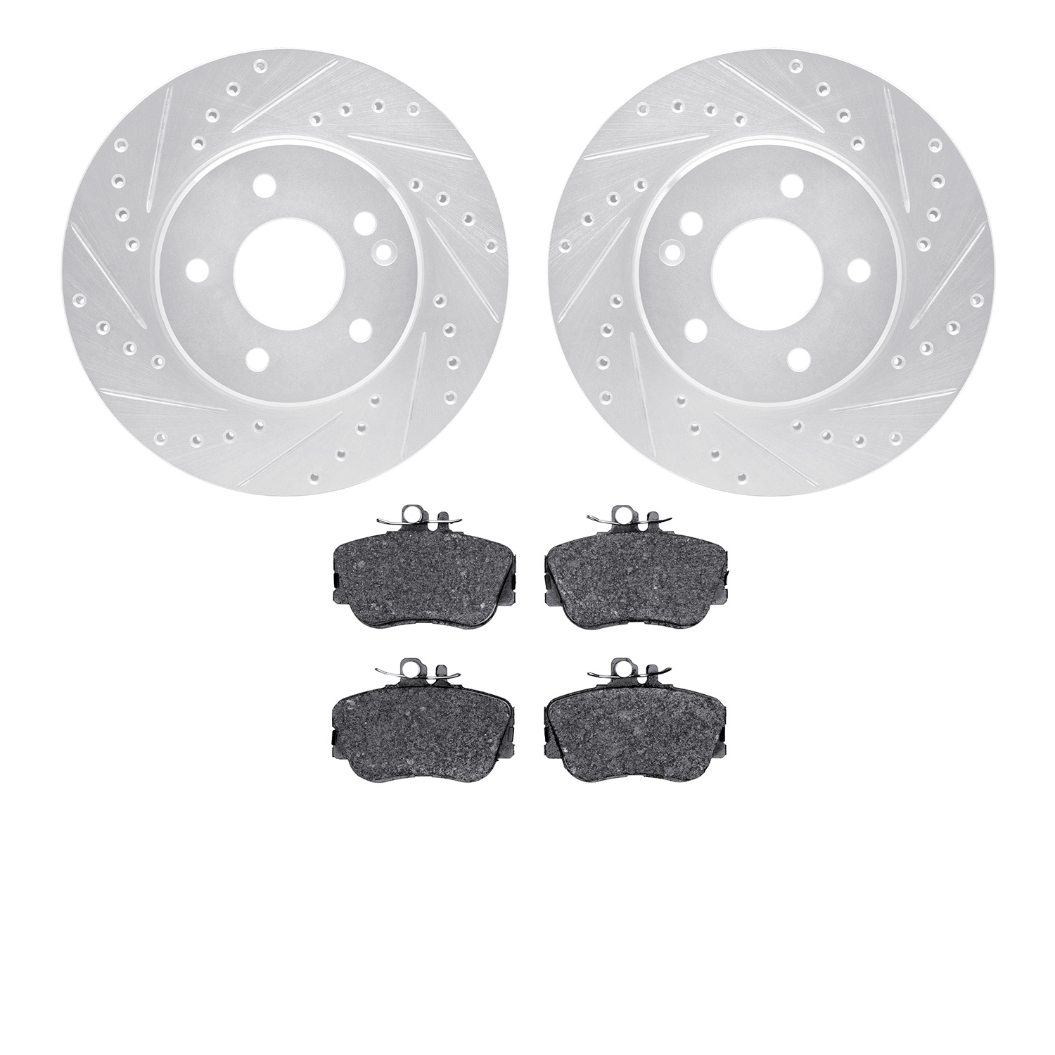 7502-63000 Drilled/Slotted Brake Rotors w/5000 Advanced Brake Pads Kit [Silver], 1994-1997 Mercedes-Benz, Position: Front