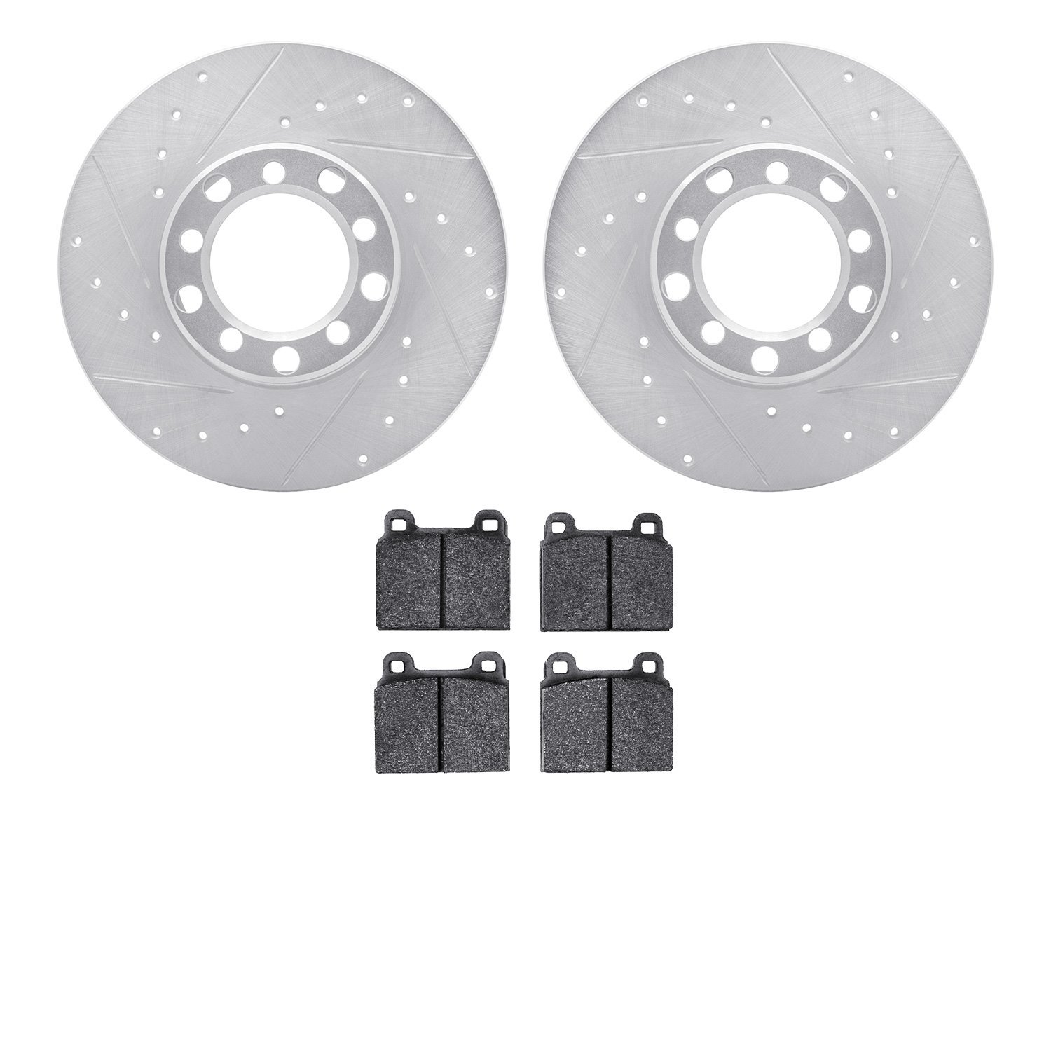 7502-63009 Drilled/Slotted Brake Rotors w/5000 Advanced Brake Pads Kit [Silver], 1968-1976 Mercedes-Benz, Position: Front