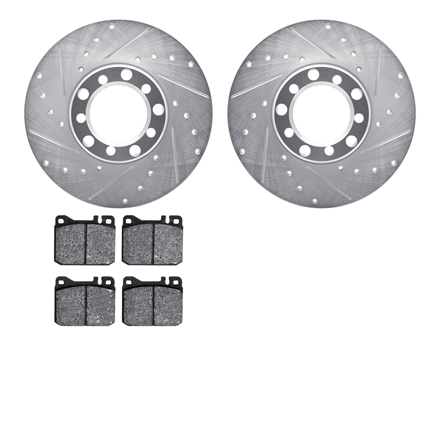 7502-63010 Drilled/Slotted Brake Rotors w/5000 Advanced Brake Pads Kit [Silver], 1973-1979 Mercedes-Benz, Position: Front