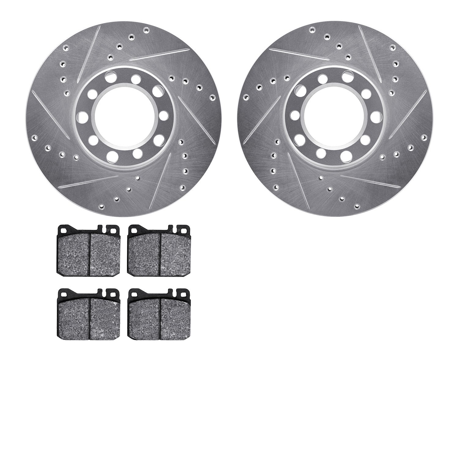 7502-63011 Drilled/Slotted Brake Rotors w/5000 Advanced Brake Pads Kit [Silver], 1972-1979 Mercedes-Benz, Position: Front