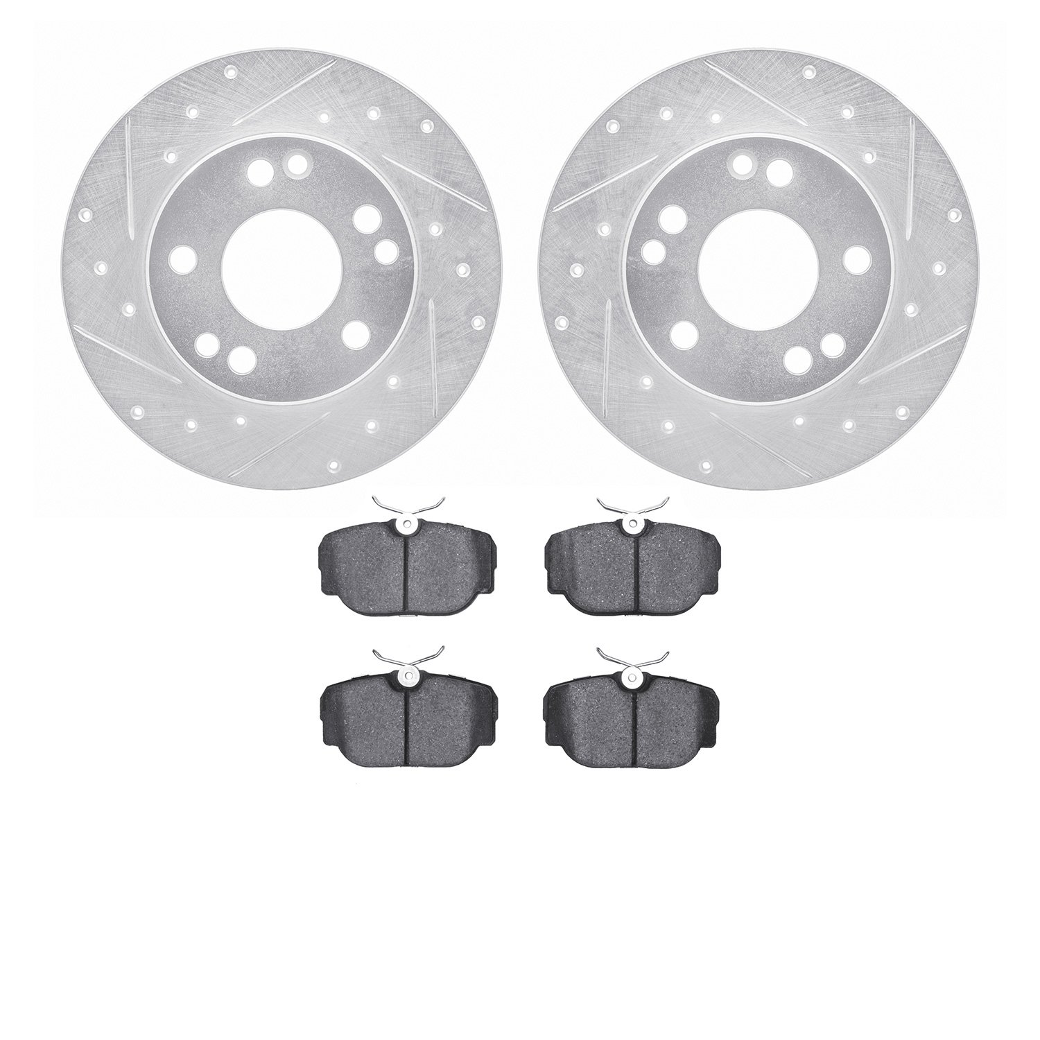 7502-63013 Drilled/Slotted Brake Rotors w/5000 Advanced Brake Pads Kit [Silver], 1984-1989 Mercedes-Benz, Position: Front