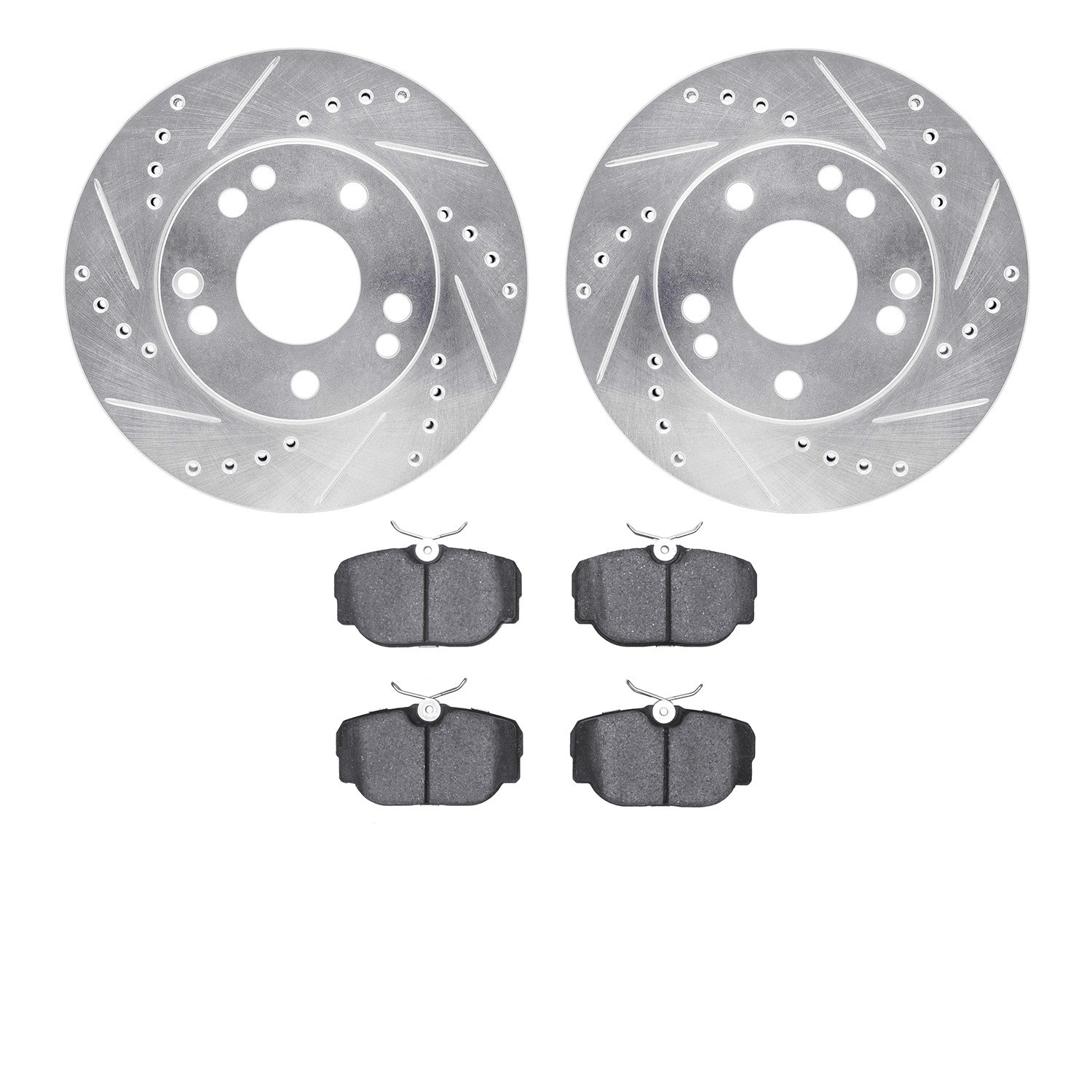 7502-63014 Drilled/Slotted Brake Rotors w/5000 Advanced Brake Pads Kit [Silver], 1987-1993 Mercedes-Benz, Position: Front