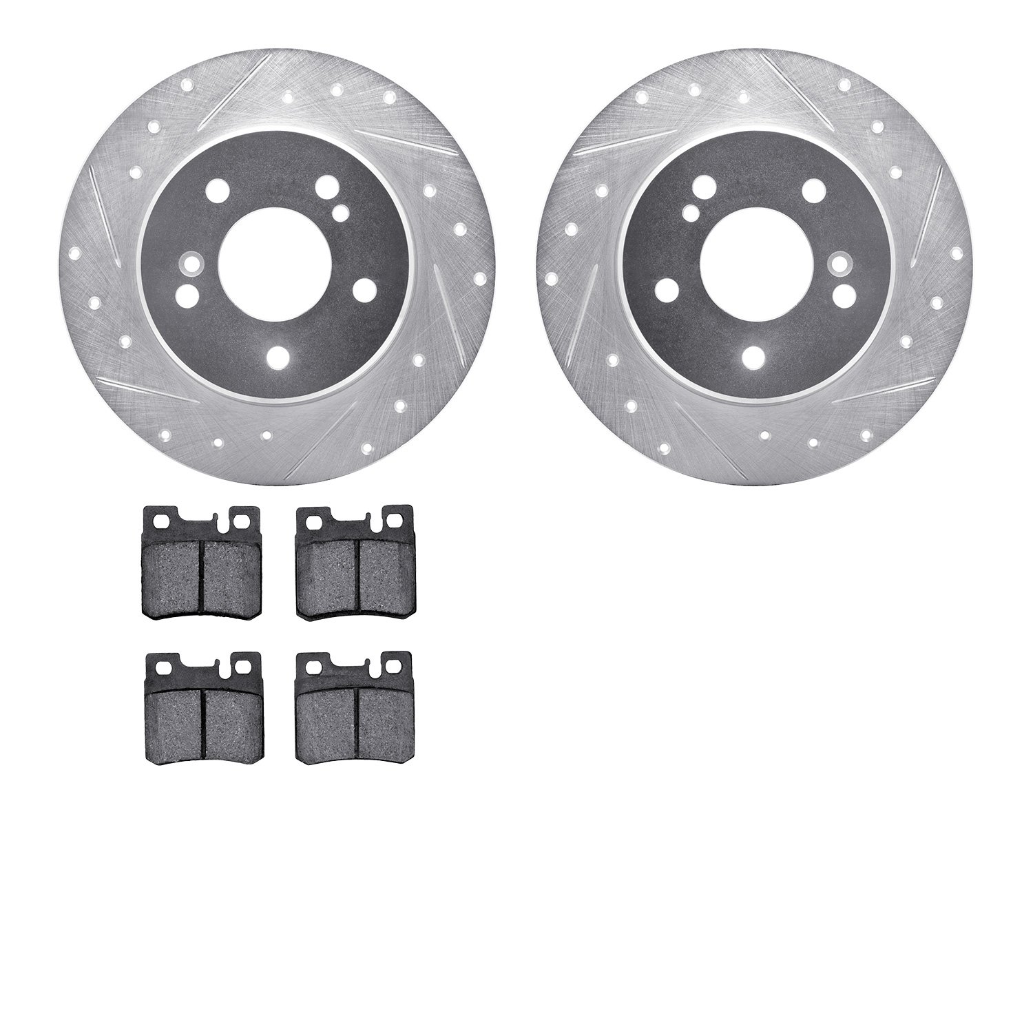7502-63015 Drilled/Slotted Brake Rotors w/5000 Advanced Brake Pads Kit [Silver], 1987-2000 Mercedes-Benz, Position: Rear
