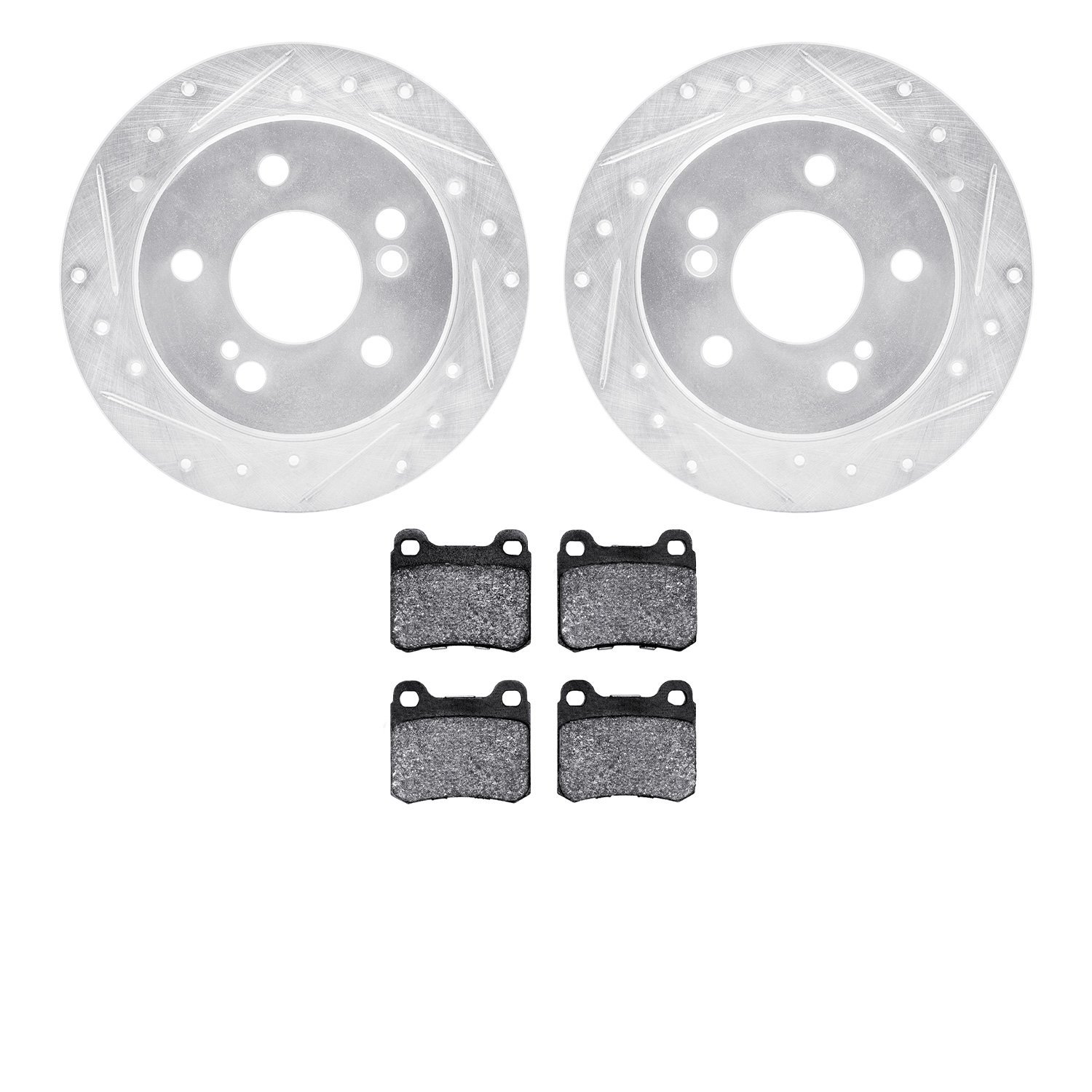 7502-63018 Drilled/Slotted Brake Rotors w/5000 Advanced Brake Pads Kit [Silver], 1984-1995 Mercedes-Benz, Position: Rear