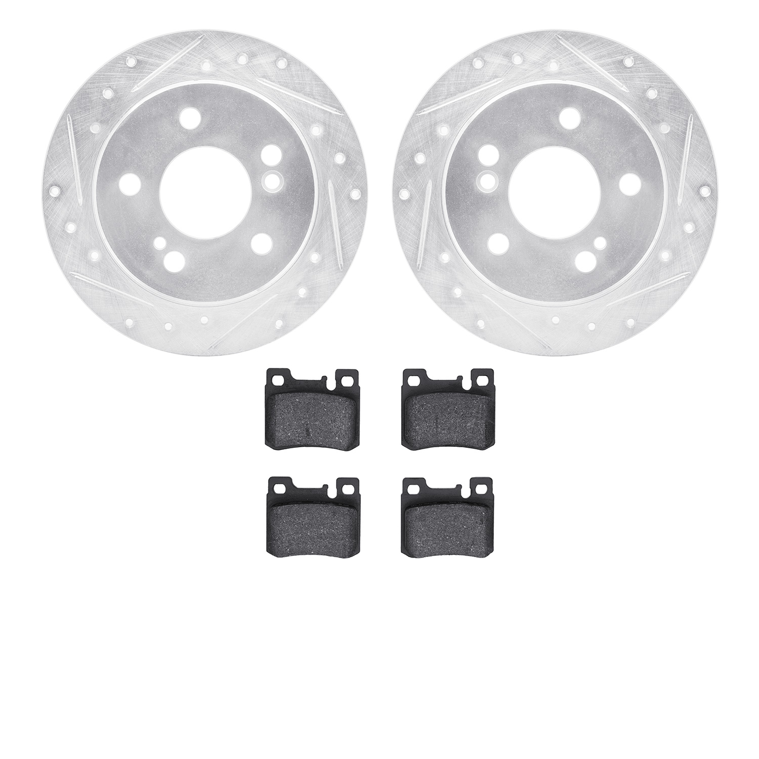 7502-63019 Drilled/Slotted Brake Rotors w/5000 Advanced Brake Pads Kit [Silver], 1986-1993 Mercedes-Benz, Position: Rear