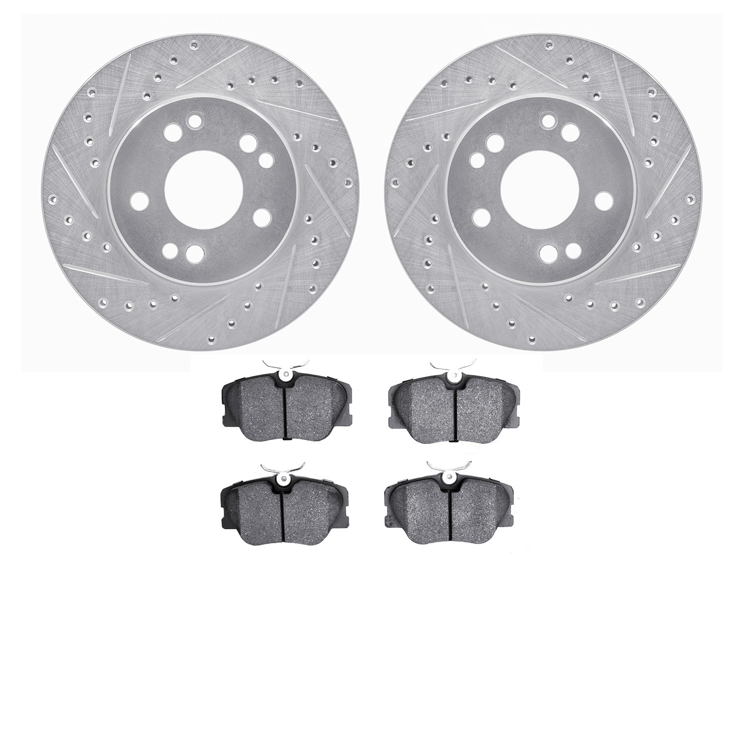 7502-63020 Drilled/Slotted Brake Rotors w/5000 Advanced Brake Pads Kit [Silver], 1984-1995 Mercedes-Benz, Position: Front