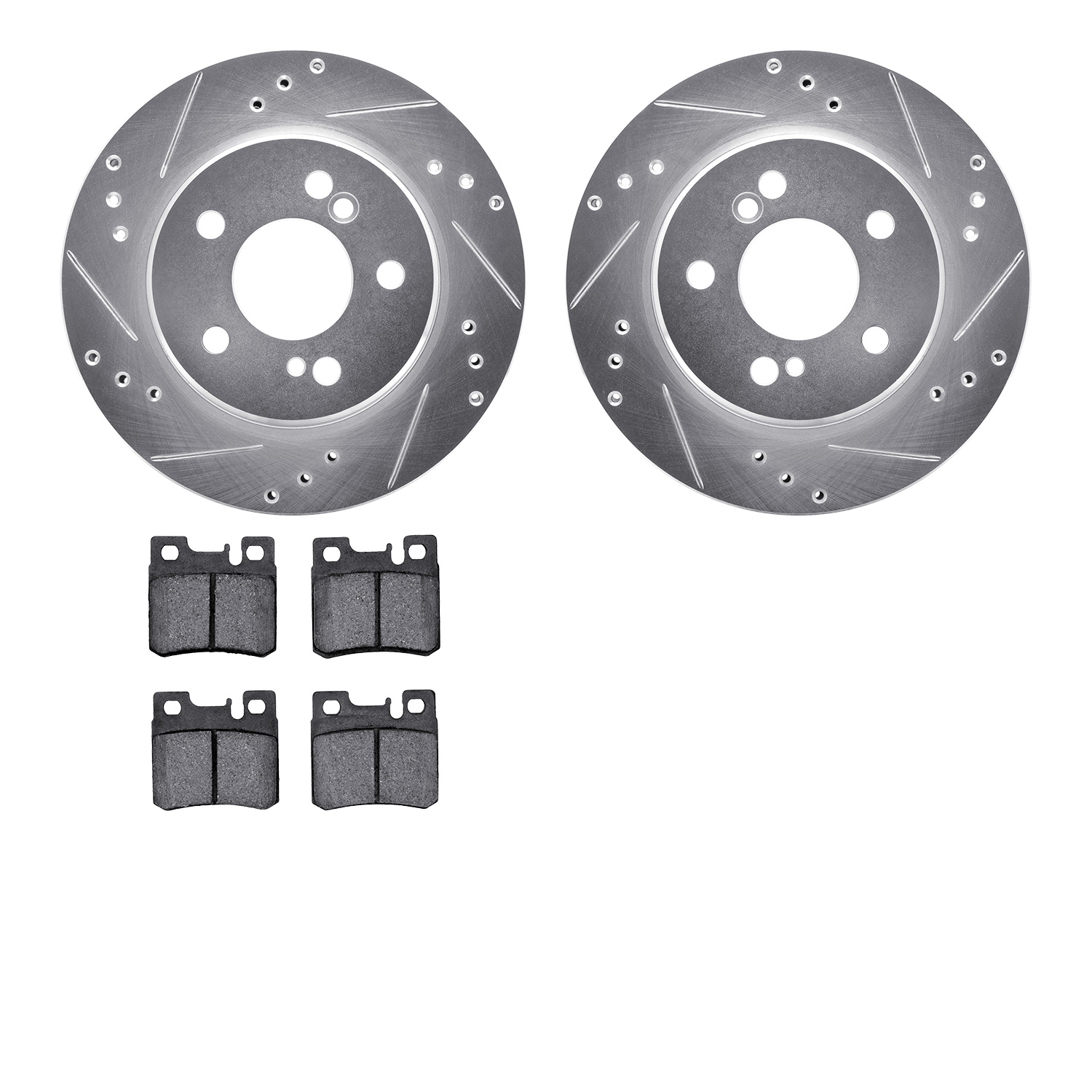 7502-63026 Drilled/Slotted Brake Rotors w/5000 Advanced Brake Pads Kit [Silver], 1992-1994 Mercedes-Benz, Position: Rear