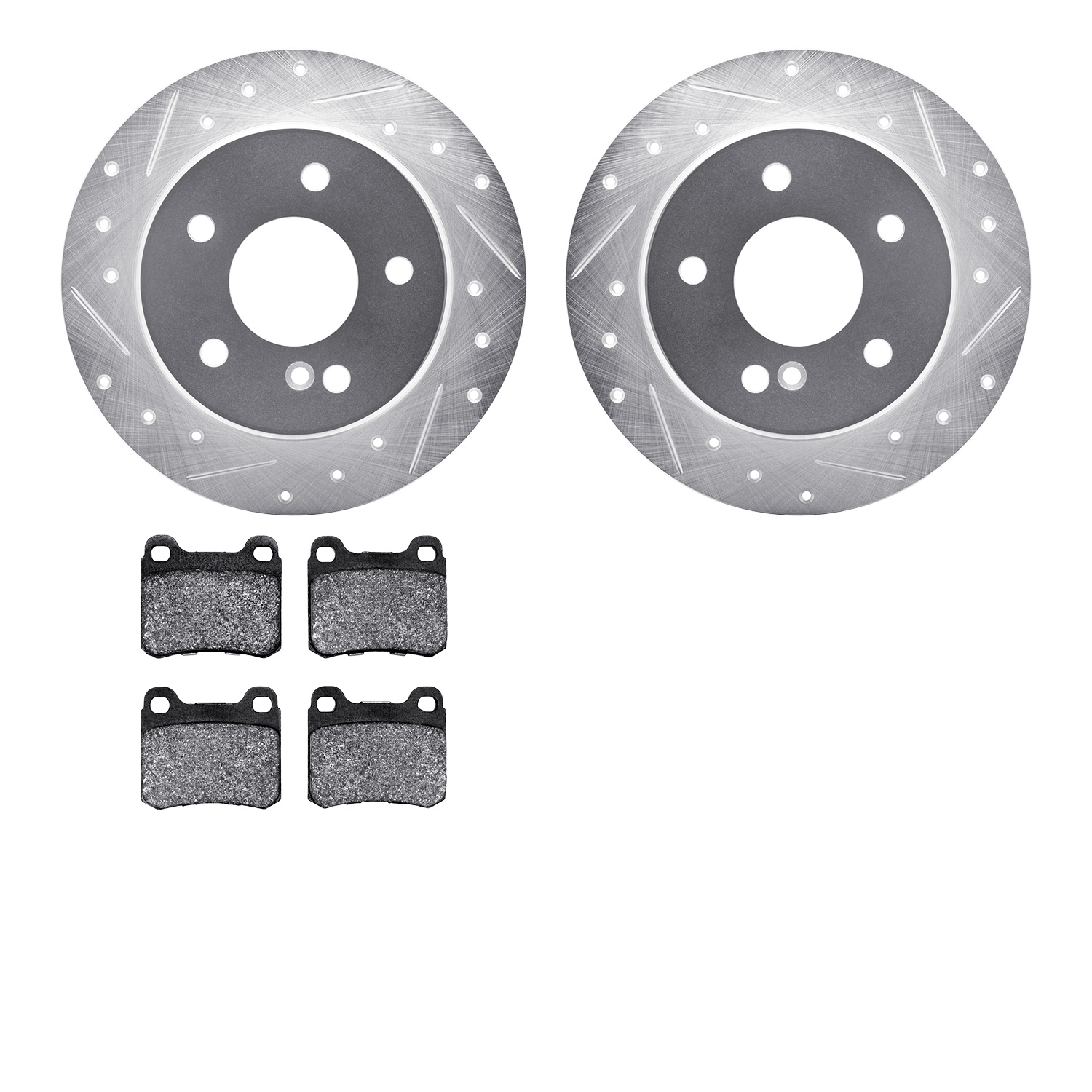7502-63028 Drilled/Slotted Brake Rotors w/5000 Advanced Brake Pads Kit [Silver], 1994-1995 Mercedes-Benz, Position: Rear
