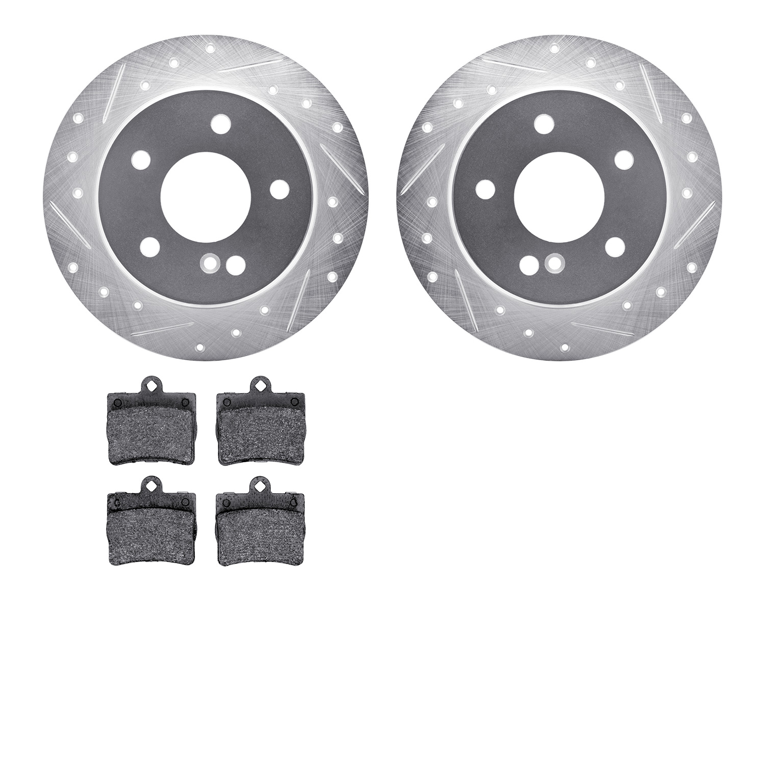 7502-63030 Drilled/Slotted Brake Rotors w/5000 Advanced Brake Pads Kit [Silver], 1994-1998 Mercedes-Benz, Position: Rear
