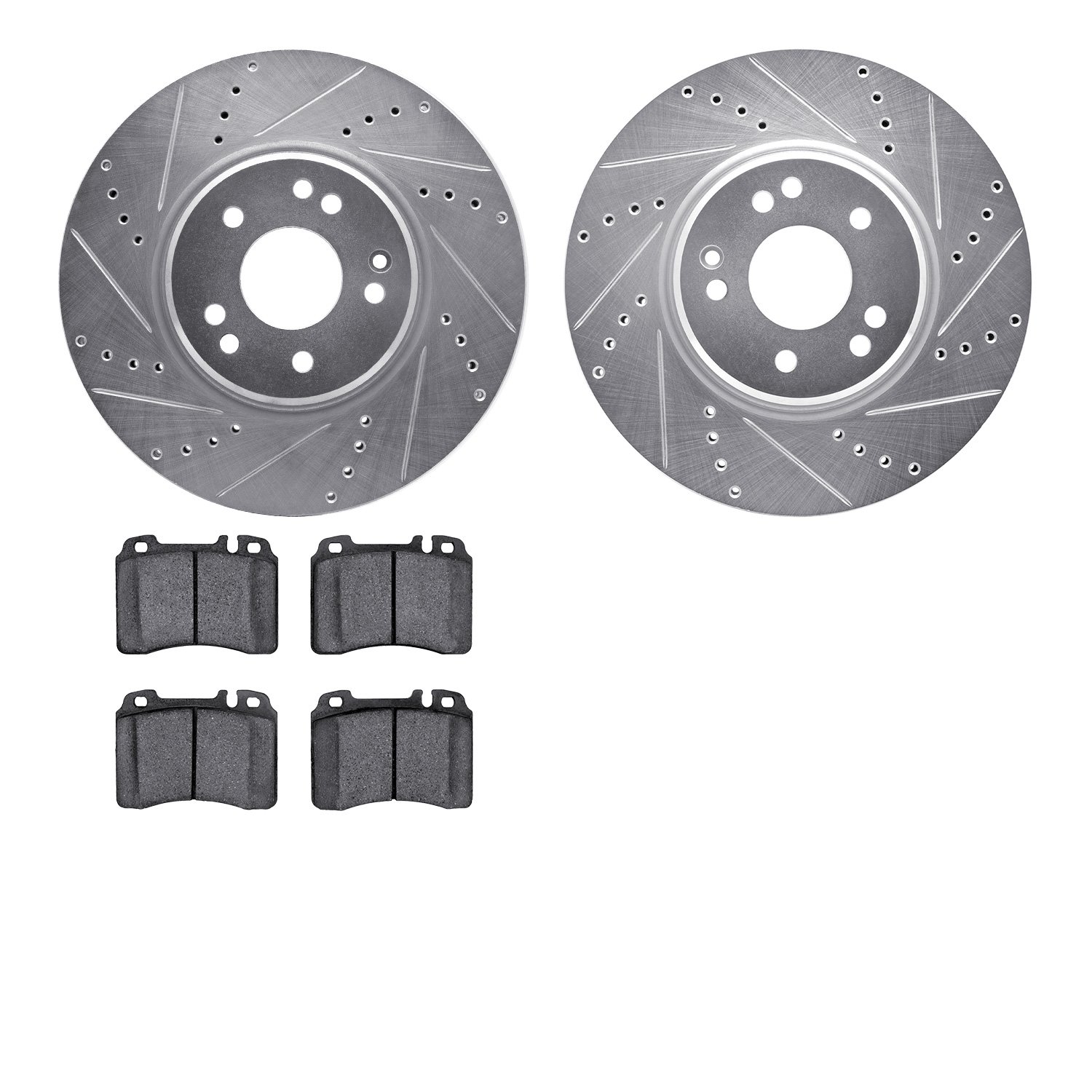 7502-63031 Drilled/Slotted Brake Rotors w/5000 Advanced Brake Pads Kit [Silver], 1994-2002 Mercedes-Benz, Position: Front