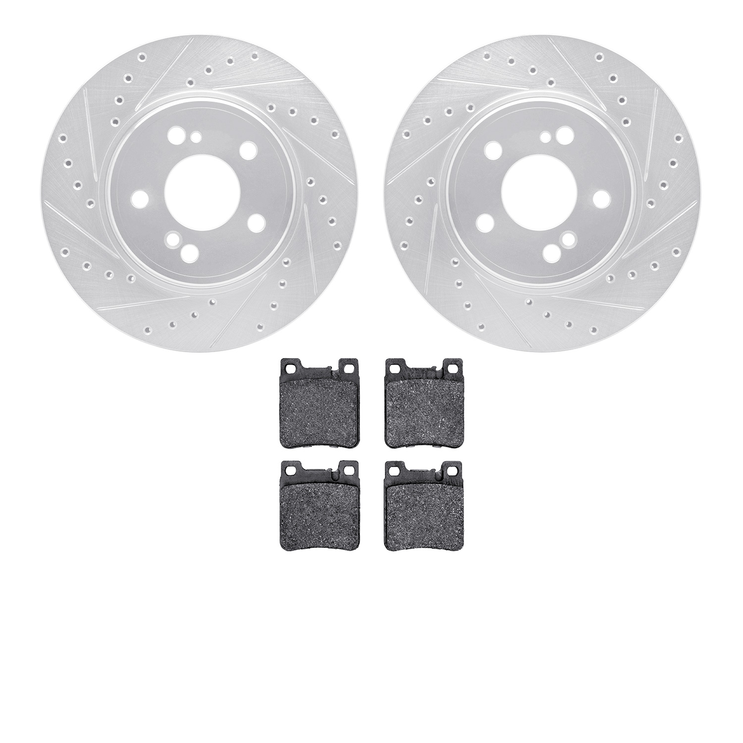 7502-63032 Drilled/Slotted Brake Rotors w/5000 Advanced Brake Pads Kit [Silver], 1993-2002 Mercedes-Benz, Position: Rear
