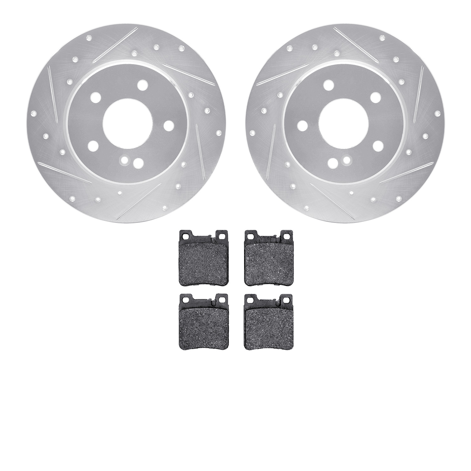 7502-63033 Drilled/Slotted Brake Rotors w/5000 Advanced Brake Pads Kit [Silver], 1994-2000 Mercedes-Benz, Position: Rear