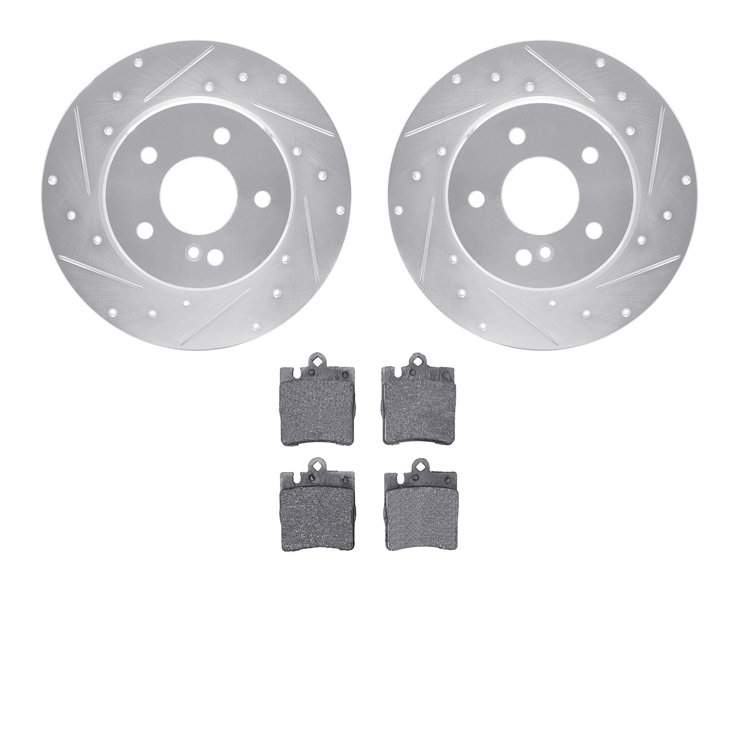 7502-63034 Drilled/Slotted Brake Rotors w/5000 Advanced Brake Pads Kit [Silver], 1996-2011 Mercedes-Benz, Position: Rear