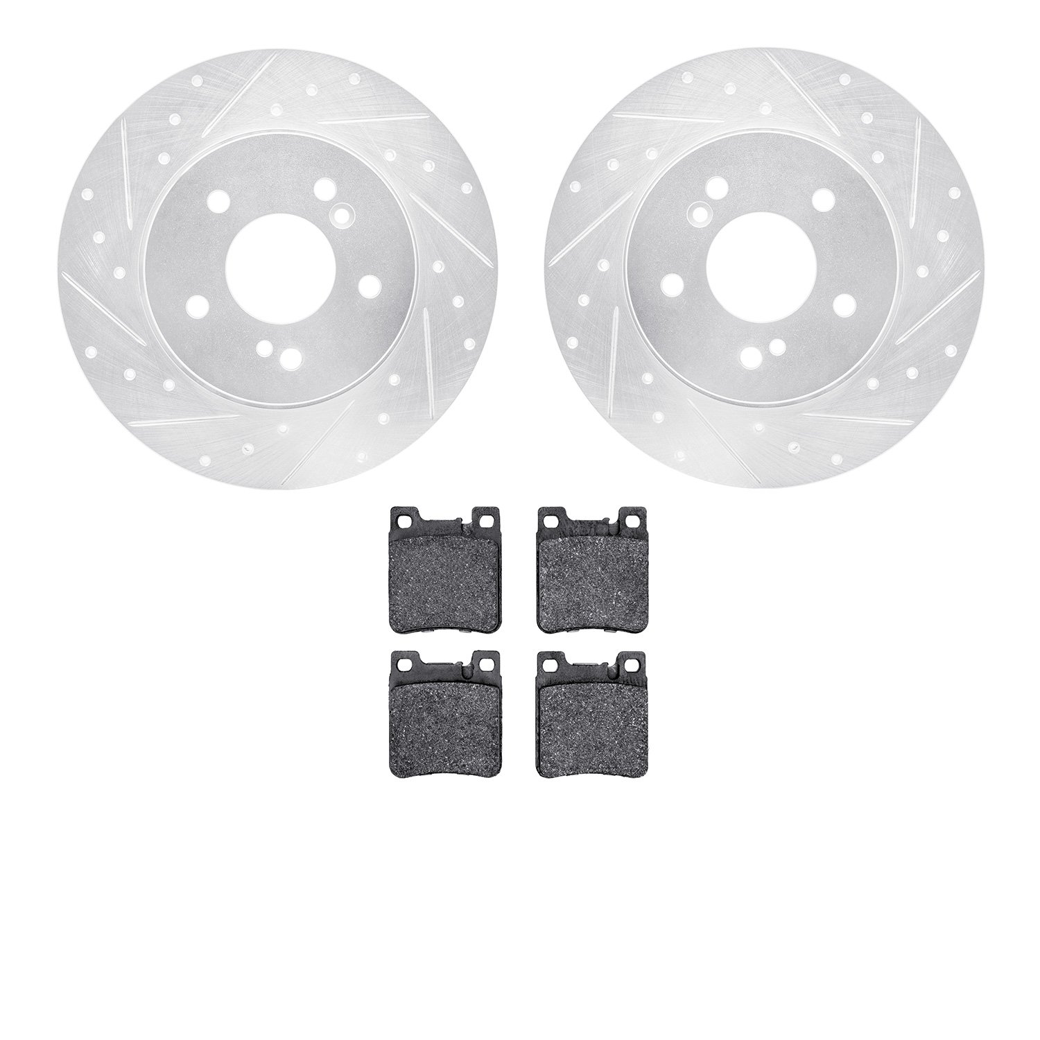 7502-63035 Drilled/Slotted Brake Rotors w/5000 Advanced Brake Pads Kit [Silver], 1996-1998 Mercedes-Benz, Position: Rear