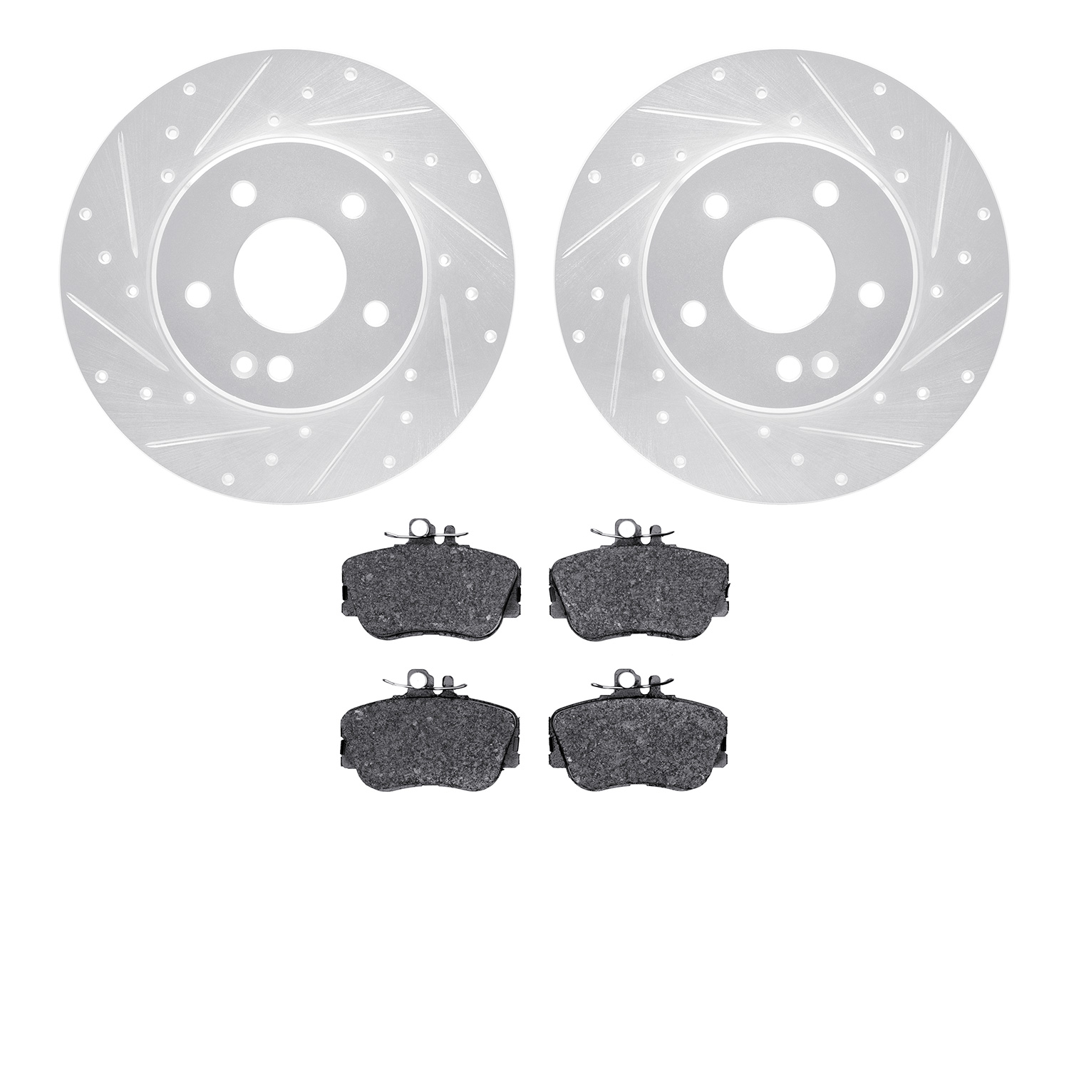 7502-63036 Drilled/Slotted Brake Rotors w/5000 Advanced Brake Pads Kit [Silver], 1997-1998 Mercedes-Benz, Position: Front