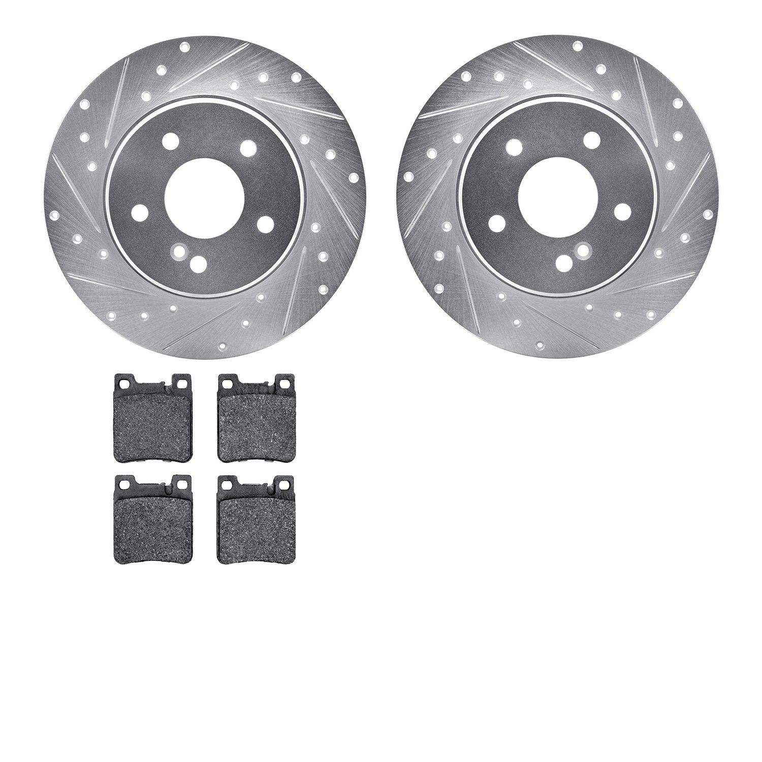 7502-63037 Drilled/Slotted Brake Rotors w/5000 Advanced Brake Pads Kit [Silver], 1998-2003 Mercedes-Benz, Position: Rear