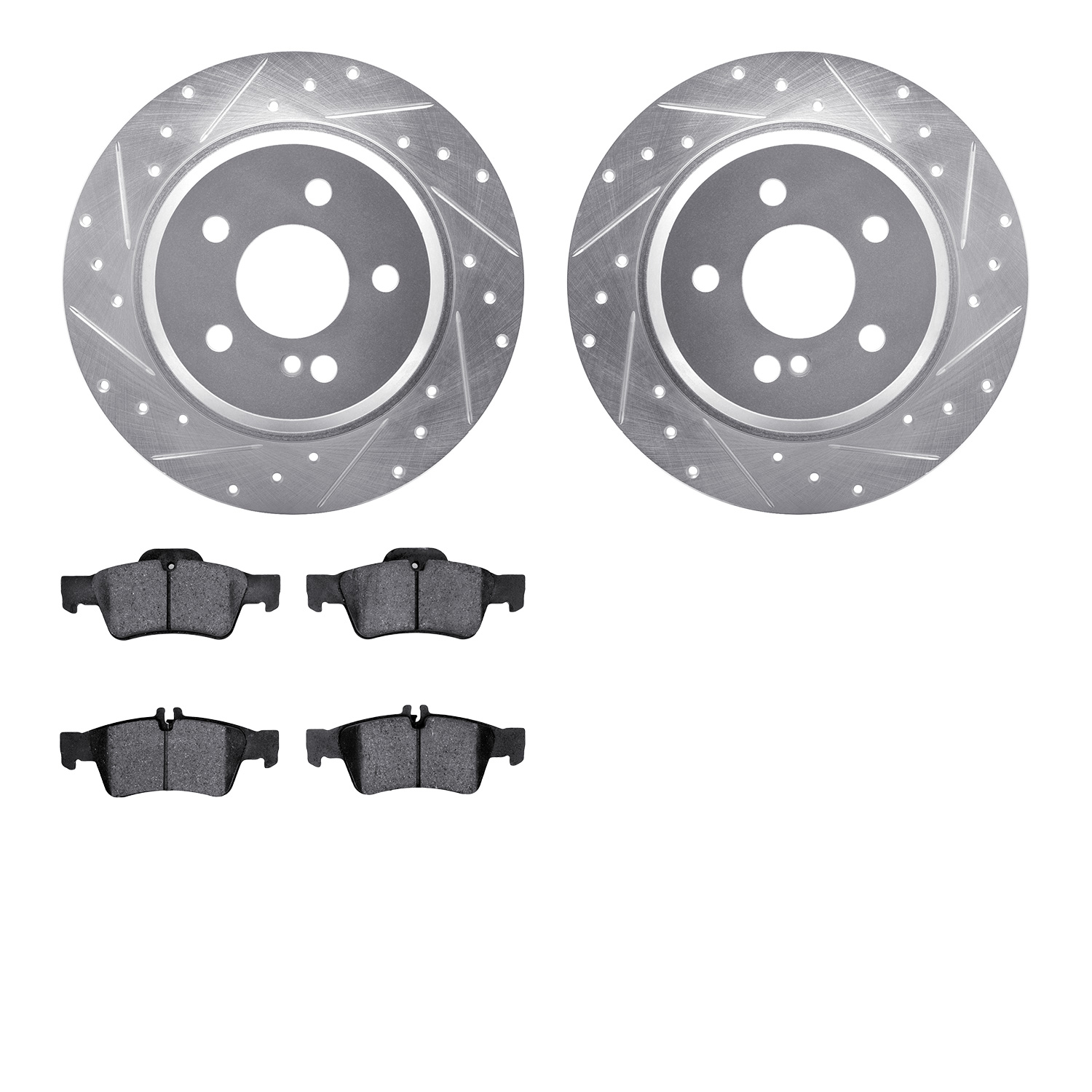 7502-63042 Drilled/Slotted Brake Rotors w/5000 Advanced Brake Pads Kit [Silver], 2003-2009 Mercedes-Benz, Position: Rear