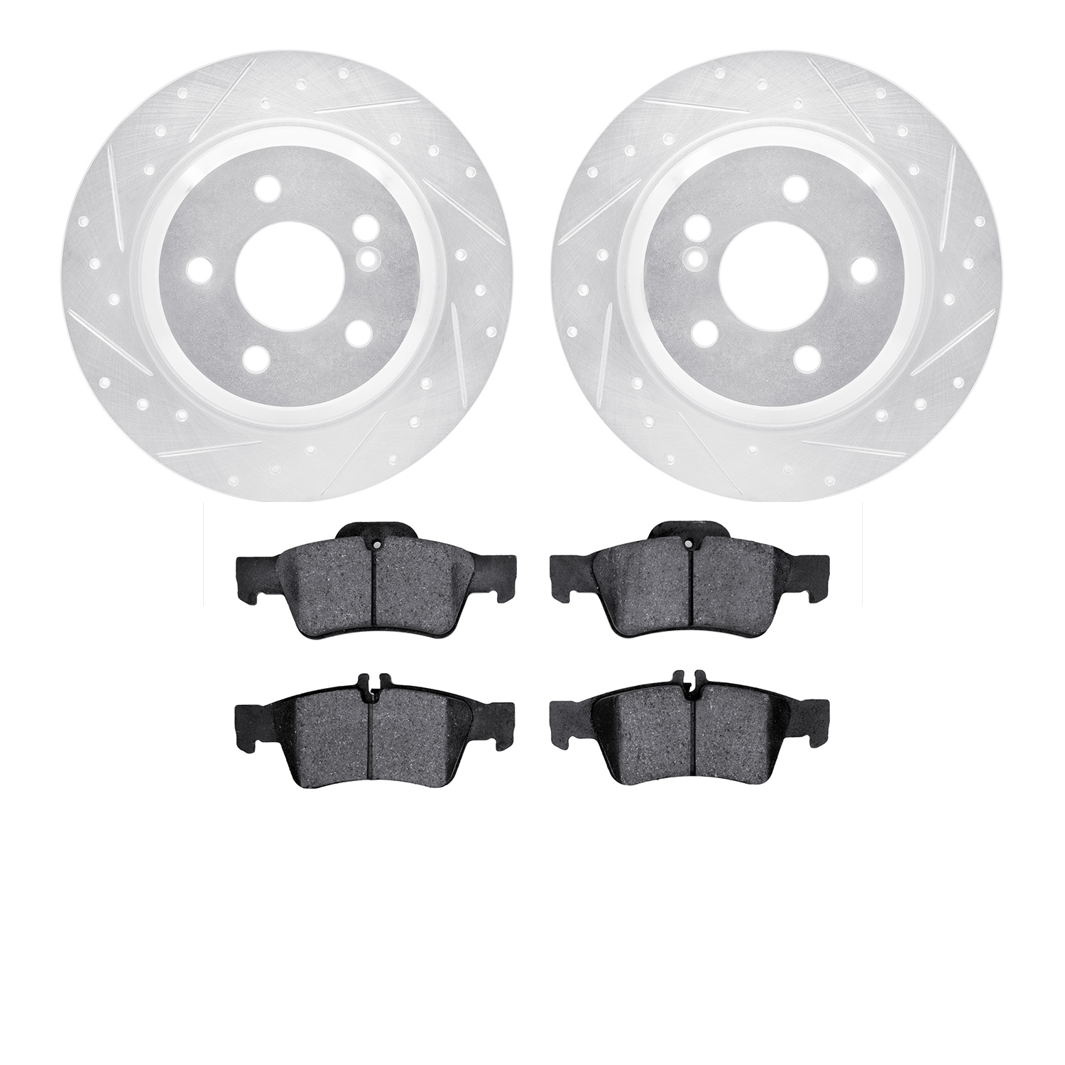 7502-63044 Drilled/Slotted Brake Rotors w/5000 Advanced Brake Pads Kit [Silver], 2003-2006 Mercedes-Benz, Position: Rear