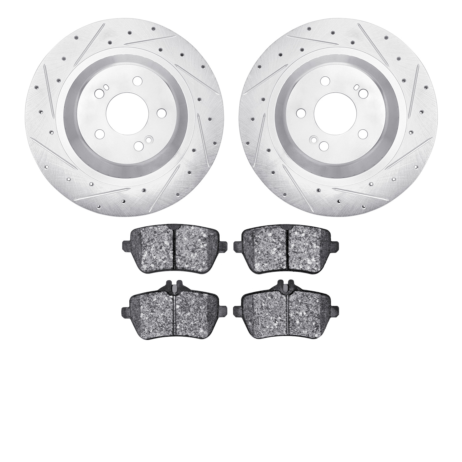 7502-63059 Drilled/Slotted Brake Rotors w/5000 Advanced Brake Pads Kit [Silver], 2014-2021 Mercedes-Benz, Position: Rear