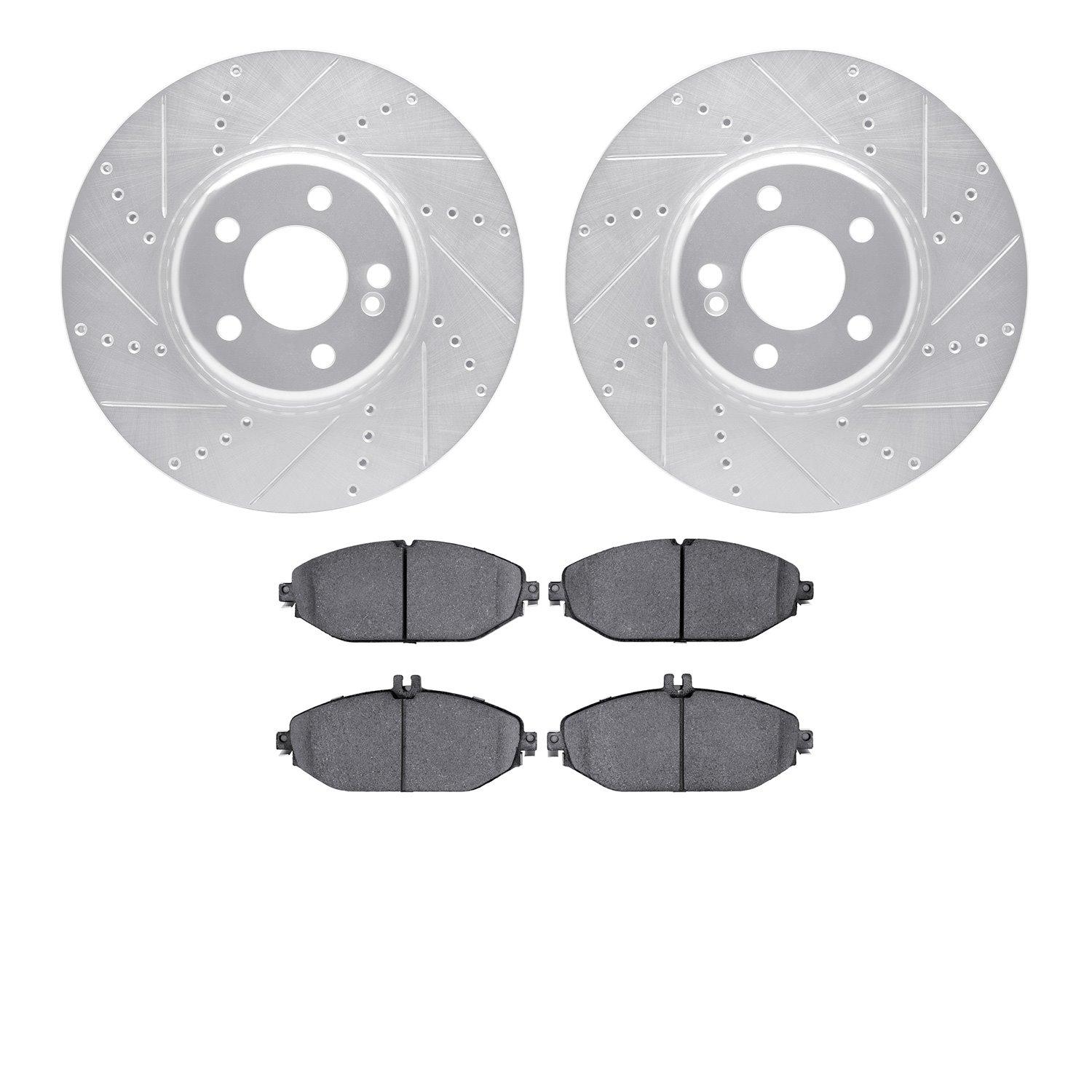 7502-63061 Drilled/Slotted Brake Rotors w/5000 Advanced Brake Pads Kit [Silver], Fits Select Mercedes-Benz, Position: Front