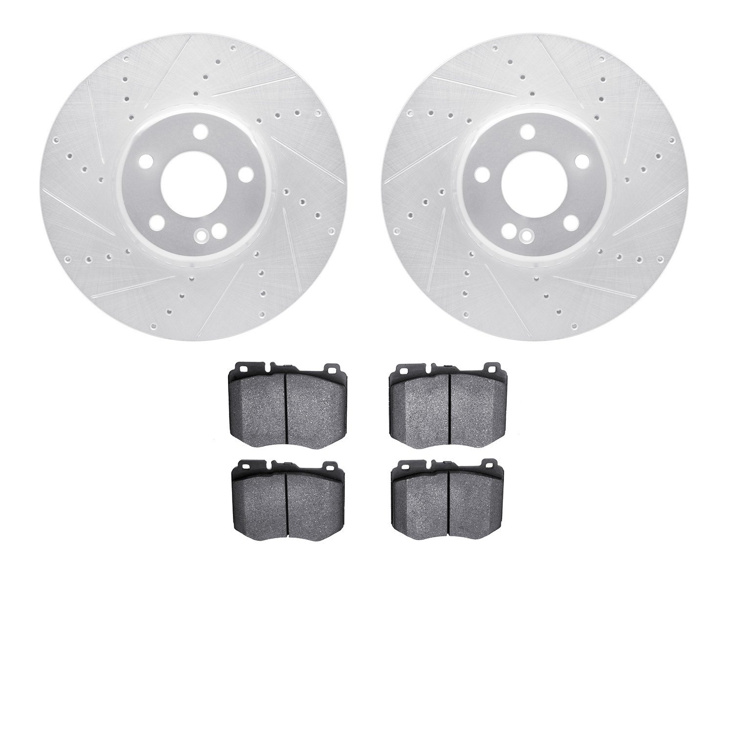 7502-63065 Drilled/Slotted Brake Rotors w/5000 Advanced Brake Pads Kit [Silver], Fits Select Mercedes-Benz, Position: Front
