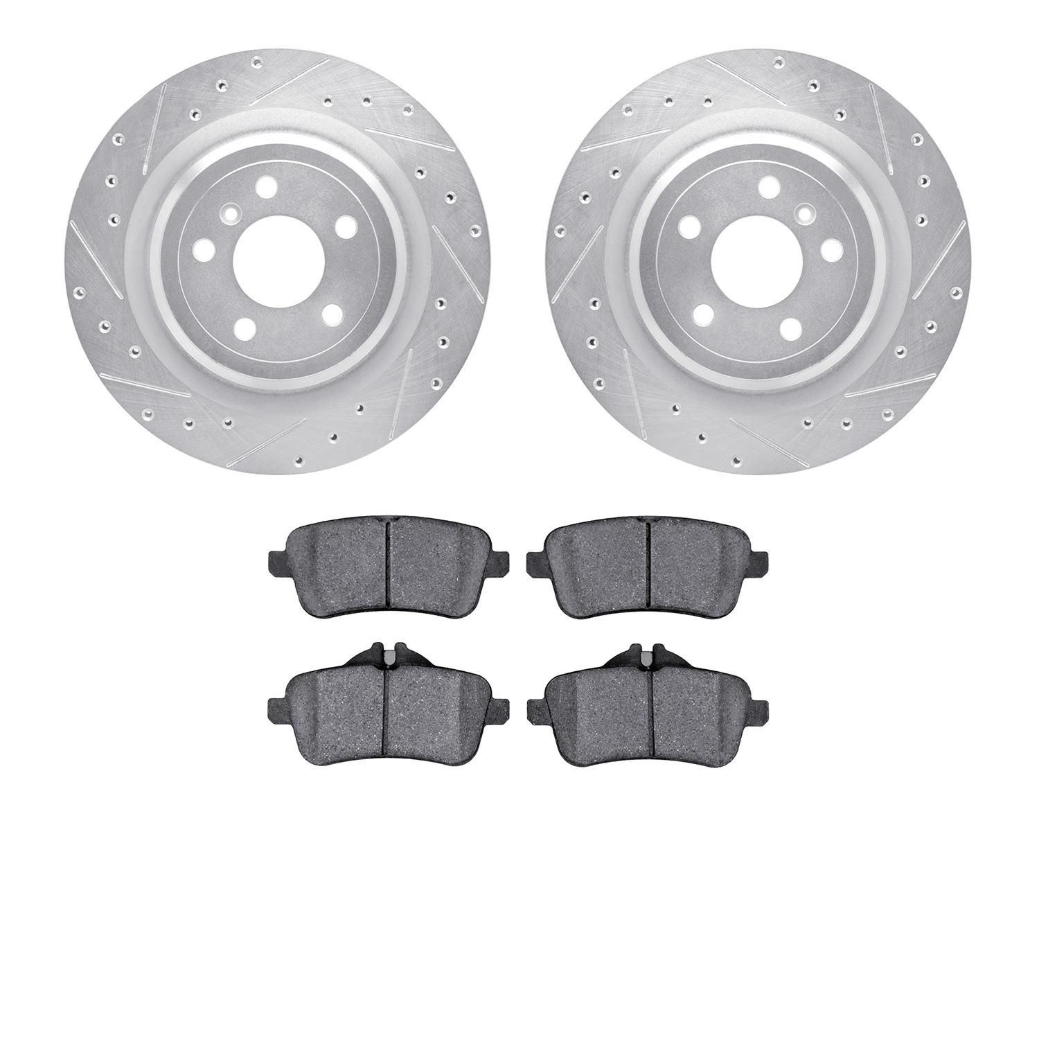 7502-63069 Drilled/Slotted Brake Rotors w/5000 Advanced Brake Pads Kit [Silver], 2012-2019 Mercedes-Benz, Position: Rear