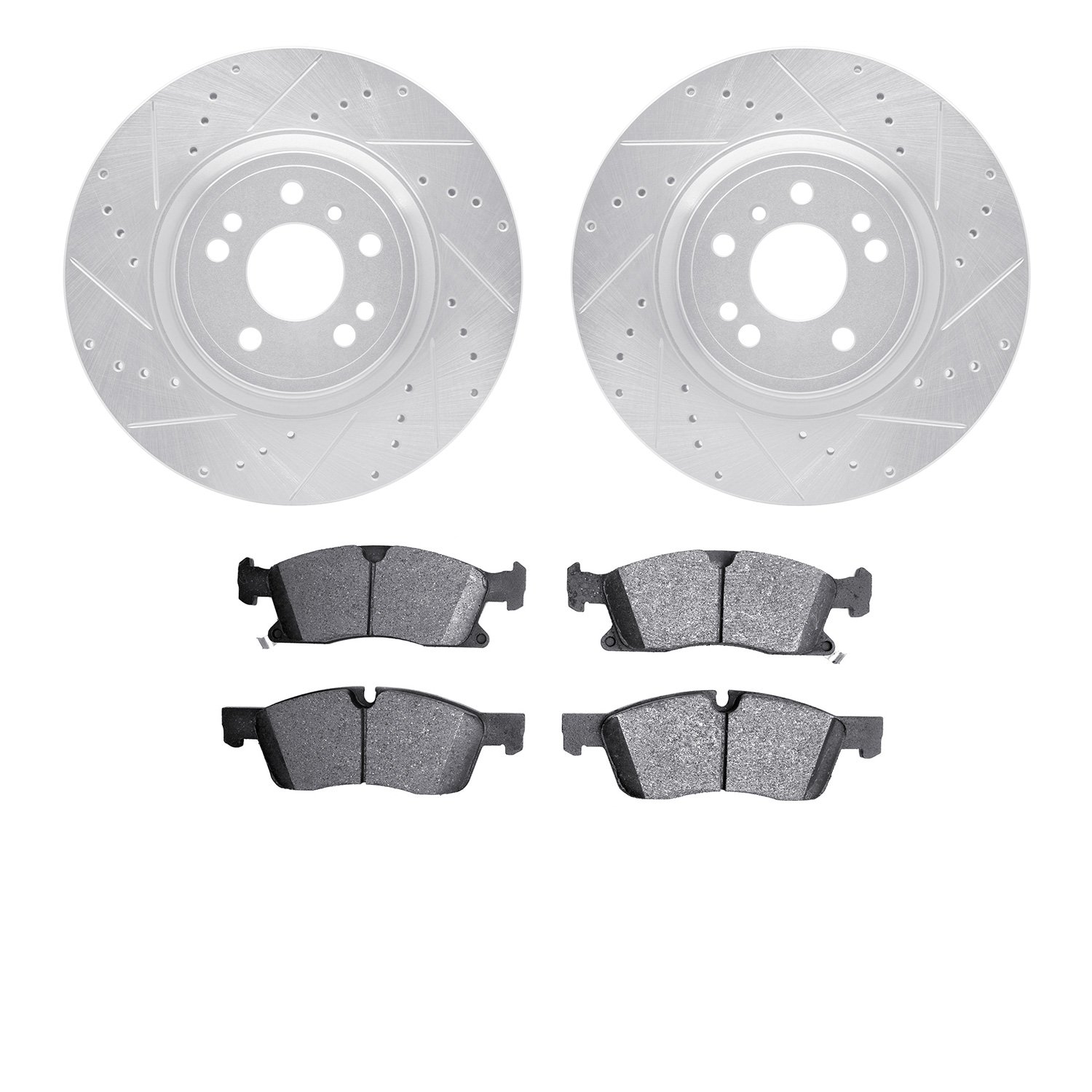 7502-63072 Drilled/Slotted Brake Rotors w/5000 Advanced Brake Pads Kit [Silver], 2012-2018 Mercedes-Benz, Position: Front