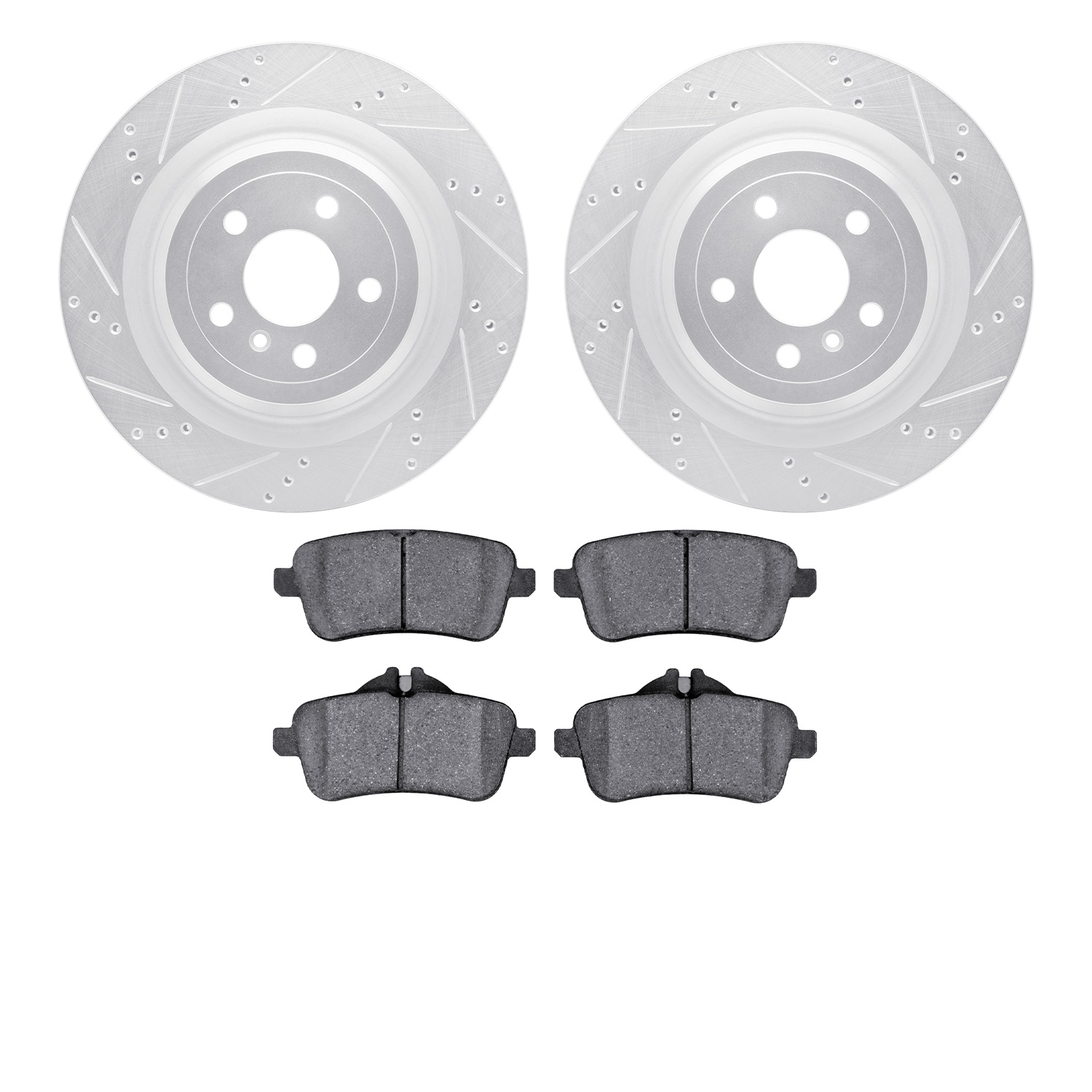7502-63074 Drilled/Slotted Brake Rotors w/5000 Advanced Brake Pads Kit [Silver], 2013-2019 Mercedes-Benz, Position: Rear