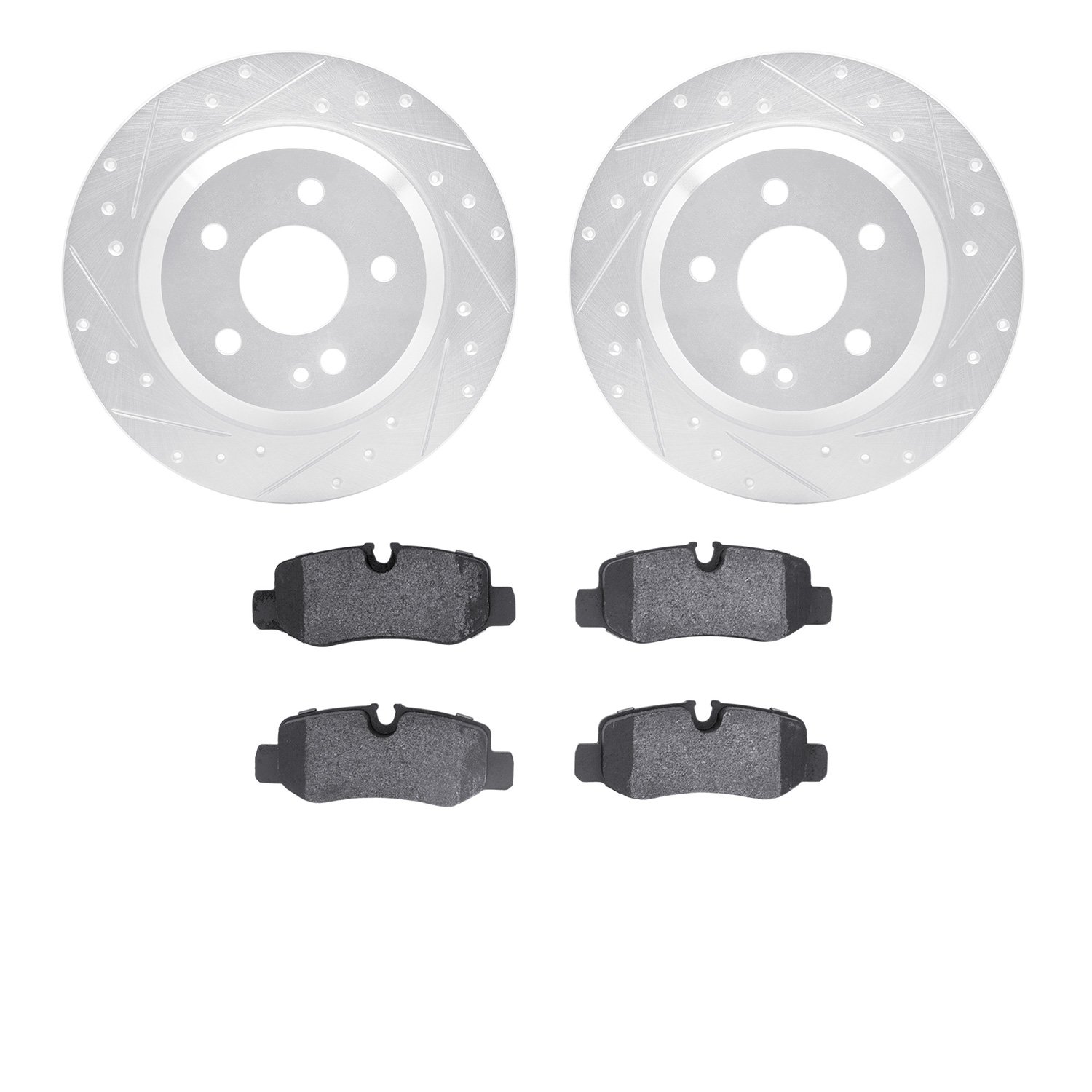 7502-63076 Drilled/Slotted Brake Rotors w/5000 Advanced Brake Pads Kit [Silver], Fits Select Mercedes-Benz, Position: Rear