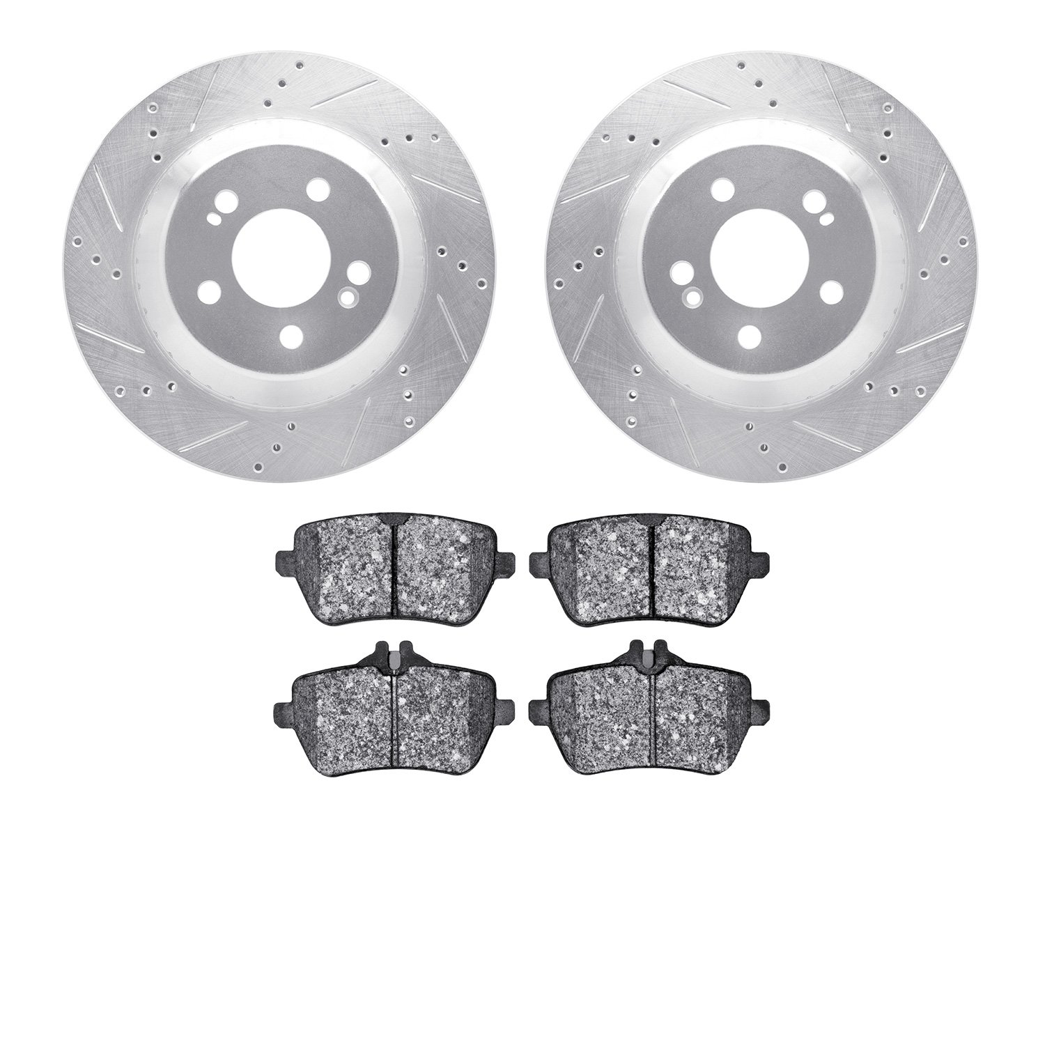 7502-63079 Drilled/Slotted Brake Rotors w/5000 Advanced Brake Pads Kit [Silver], 2015-2021 Mercedes-Benz, Position: Rear