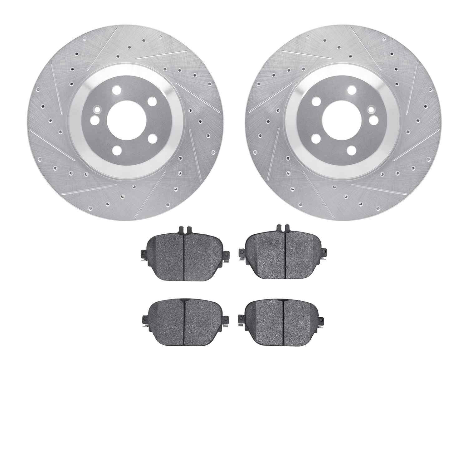 7502-63080 Drilled/Slotted Brake Rotors w/5000 Advanced Brake Pads Kit [Silver], 2017-2018 Mercedes-Benz, Position: Rear