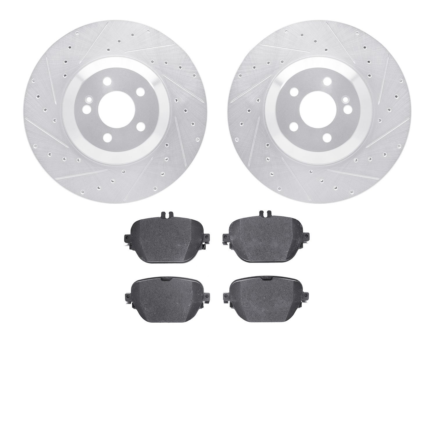 7502-63081 Drilled/Slotted Brake Rotors w/5000 Advanced Brake Pads Kit [Silver], Fits Select Mercedes-Benz, Position: Rear