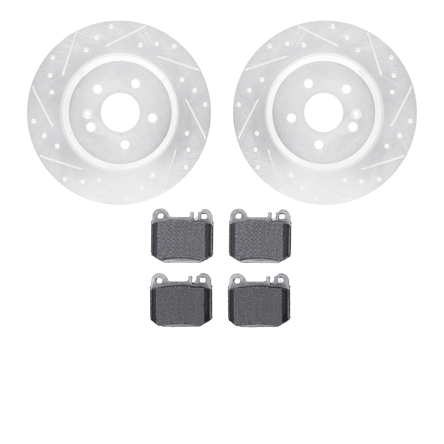 7502-63083 Drilled/Slotted Brake Rotors w/5000 Advanced Brake Pads Kit [Silver], 2000-2005 Mercedes-Benz, Position: Rear