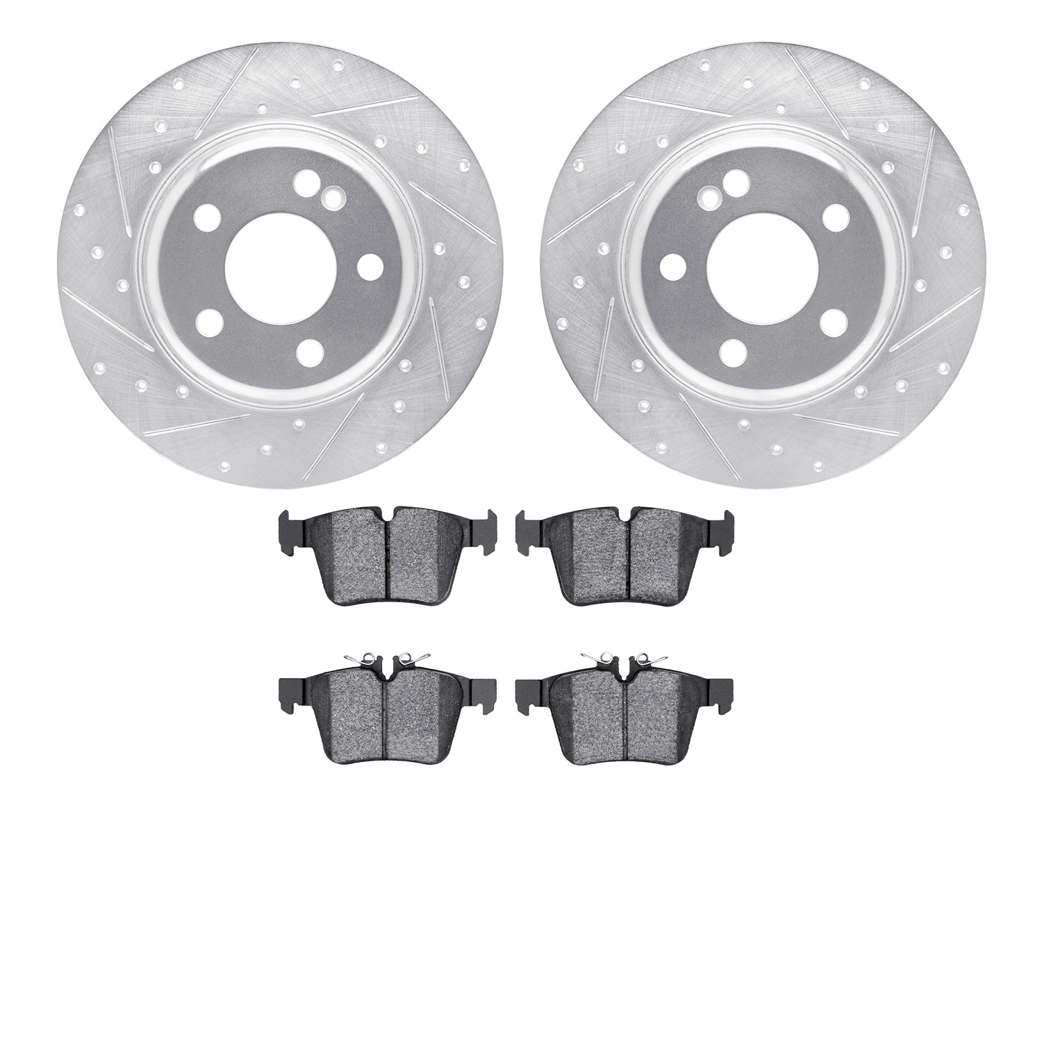 7502-63085 Drilled/Slotted Brake Rotors w/5000 Advanced Brake Pads Kit [Silver], 2015-2021 Mercedes-Benz, Position: Rear