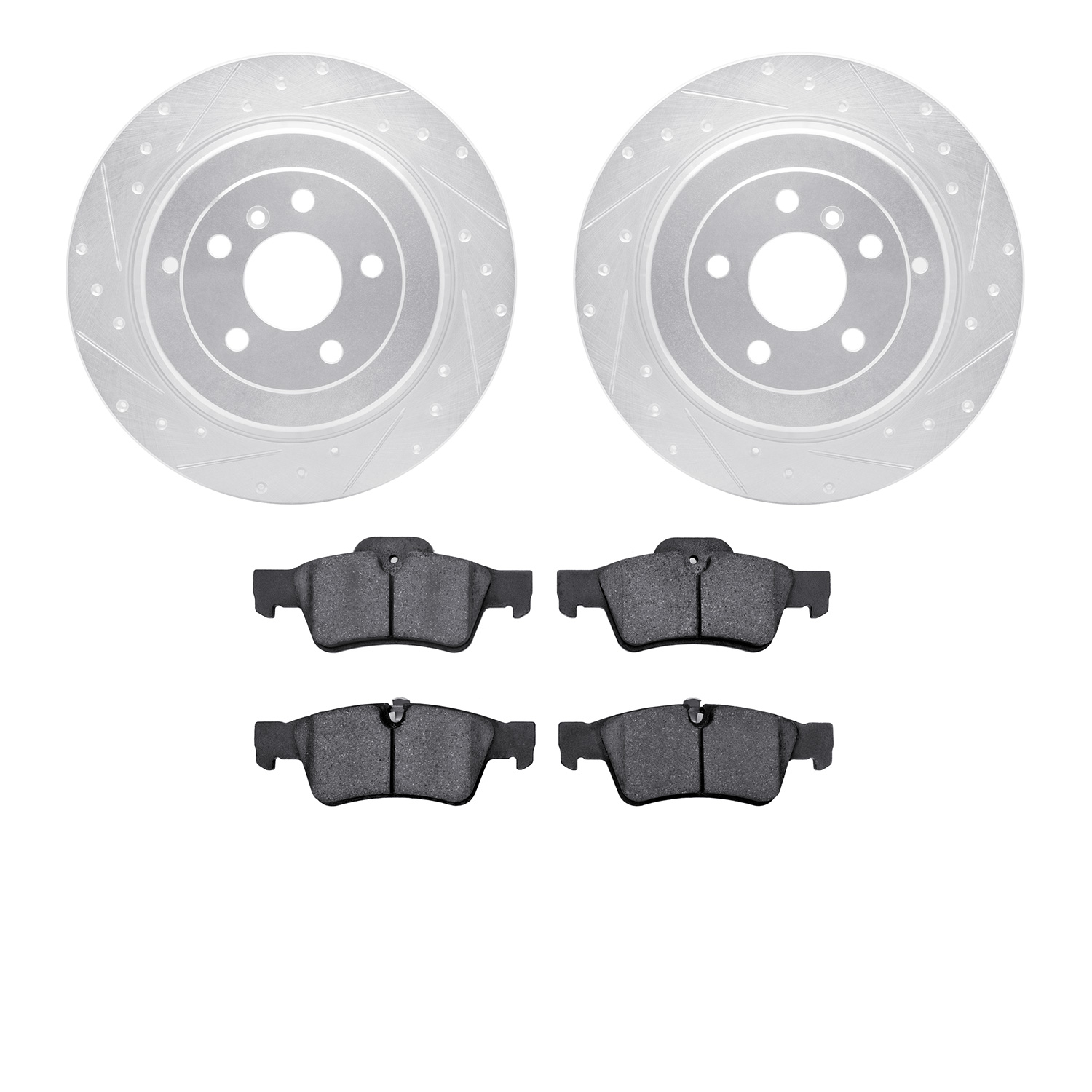 7502-63106 Drilled/Slotted Brake Rotors w/5000 Advanced Brake Pads Kit [Silver], 2006-2012 Mercedes-Benz, Position: Rear