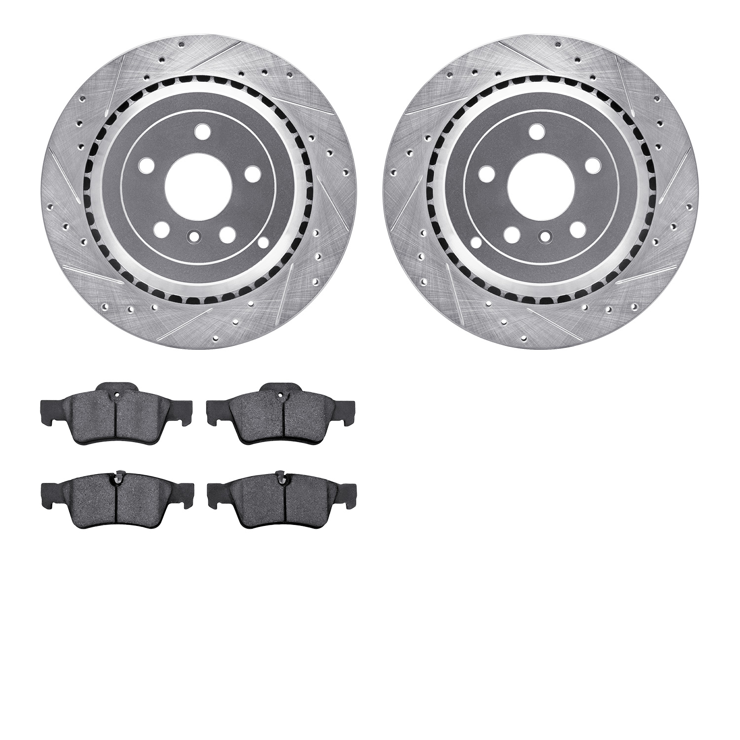 7502-63107 Drilled/Slotted Brake Rotors w/5000 Advanced Brake Pads Kit [Silver], 2006-2012 Mercedes-Benz, Position: Rear