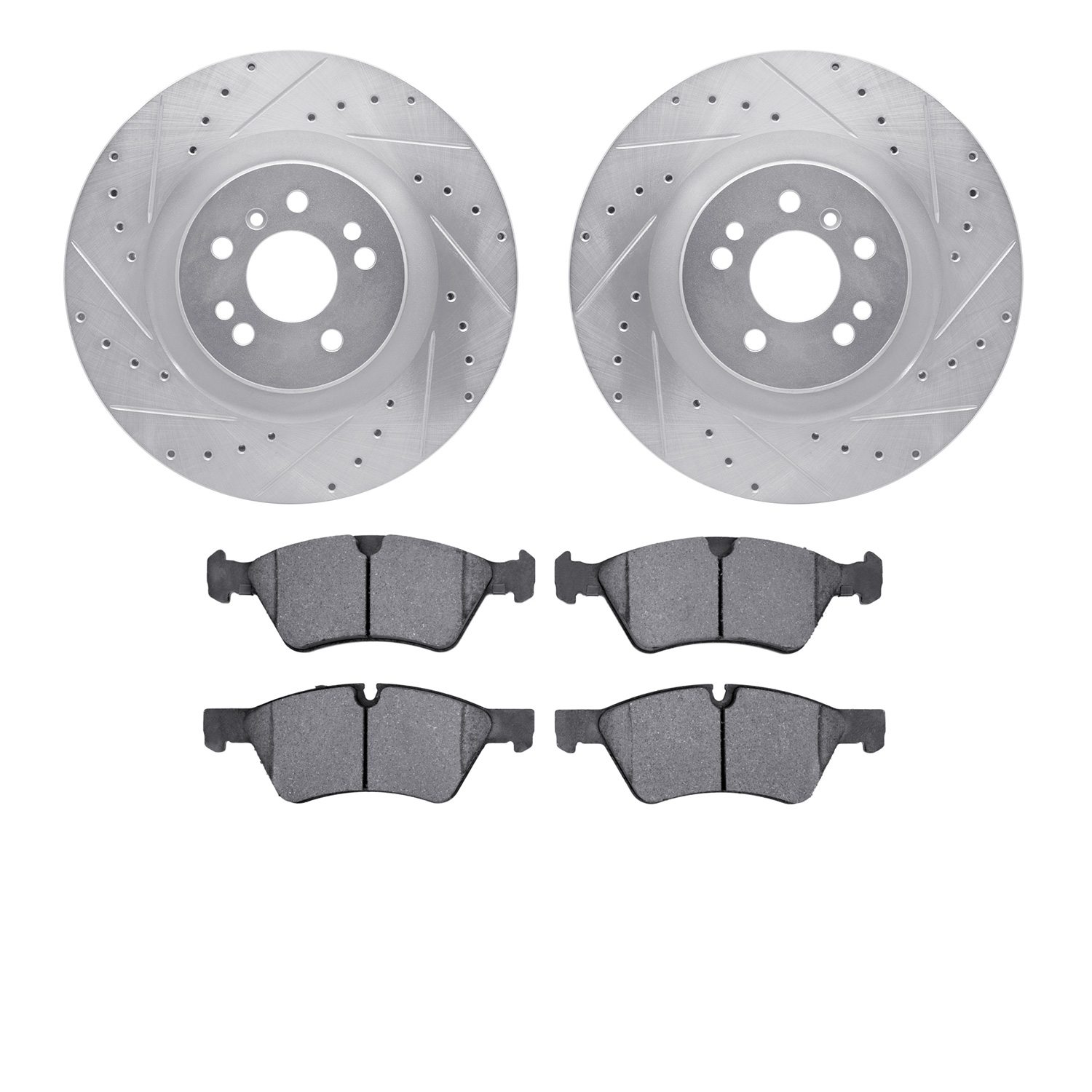 7502-63111 Drilled/Slotted Brake Rotors w/5000 Advanced Brake Pads Kit [Silver], 2006-2012 Mercedes-Benz, Position: Front