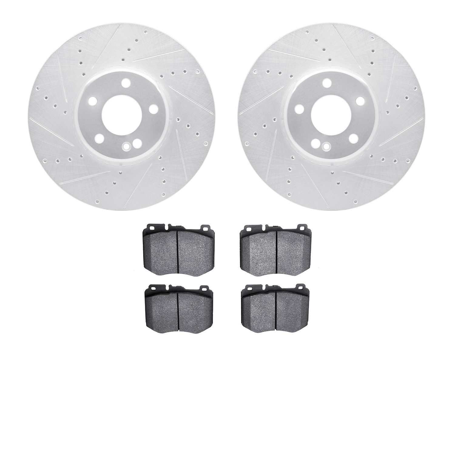 7502-63143 Drilled/Slotted Brake Rotors w/5000 Advanced Brake Pads Kit [Silver], 2015-2021 Mercedes-Benz, Position: Front