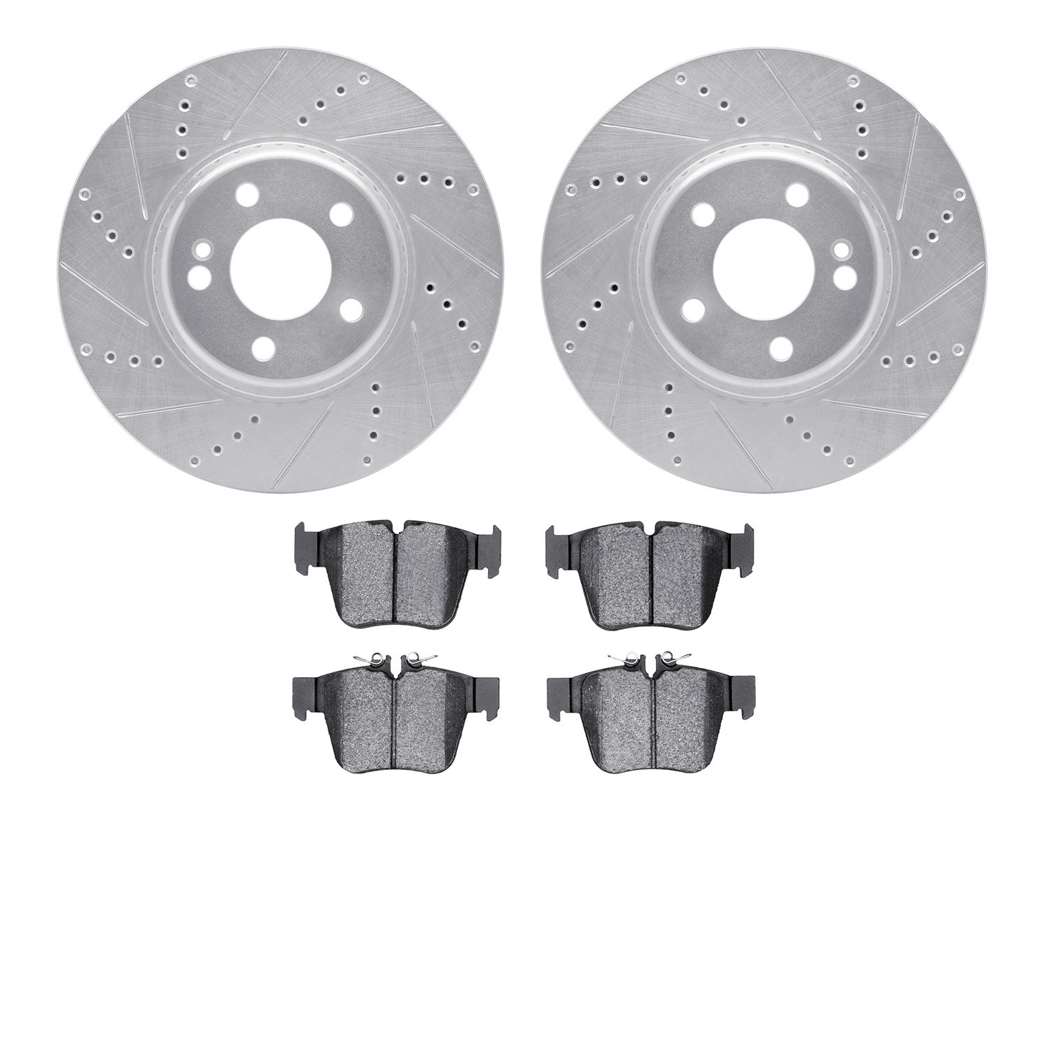 7502-63145 Drilled/Slotted Brake Rotors w/5000 Advanced Brake Pads Kit [Silver], Fits Select Mercedes-Benz, Position: Rear