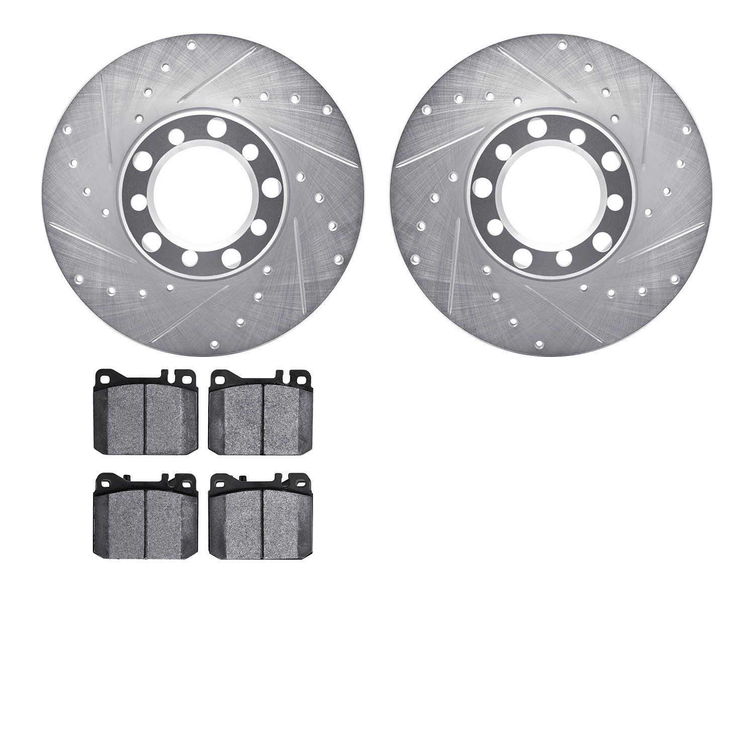 7502-63147 Drilled/Slotted Brake Rotors w/5000 Advanced Brake Pads Kit [Silver], 1979-1985 Mercedes-Benz, Position: Front