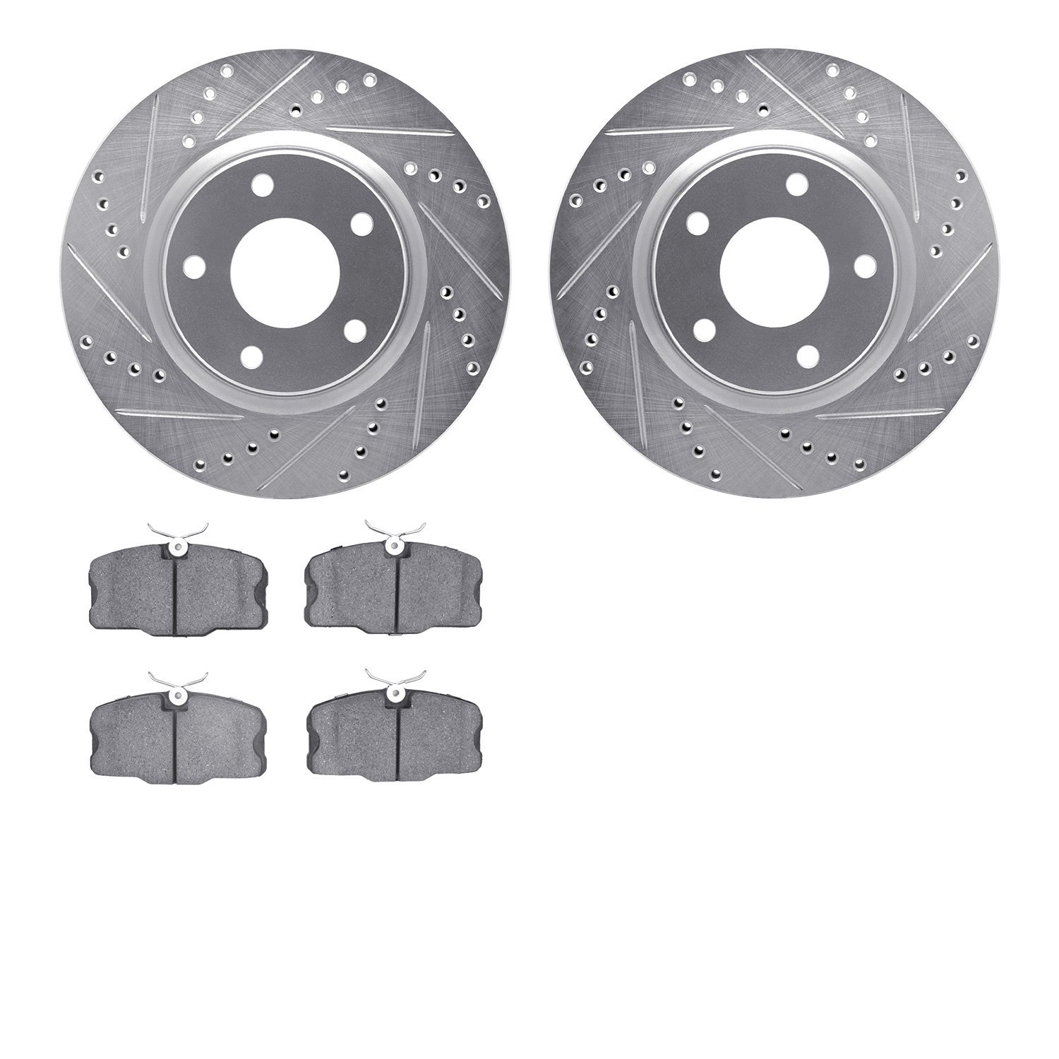7502-63152 Drilled/Slotted Brake Rotors w/5000 Advanced Brake Pads Kit [Silver], 1982-1985 Mercedes-Benz, Position: Front