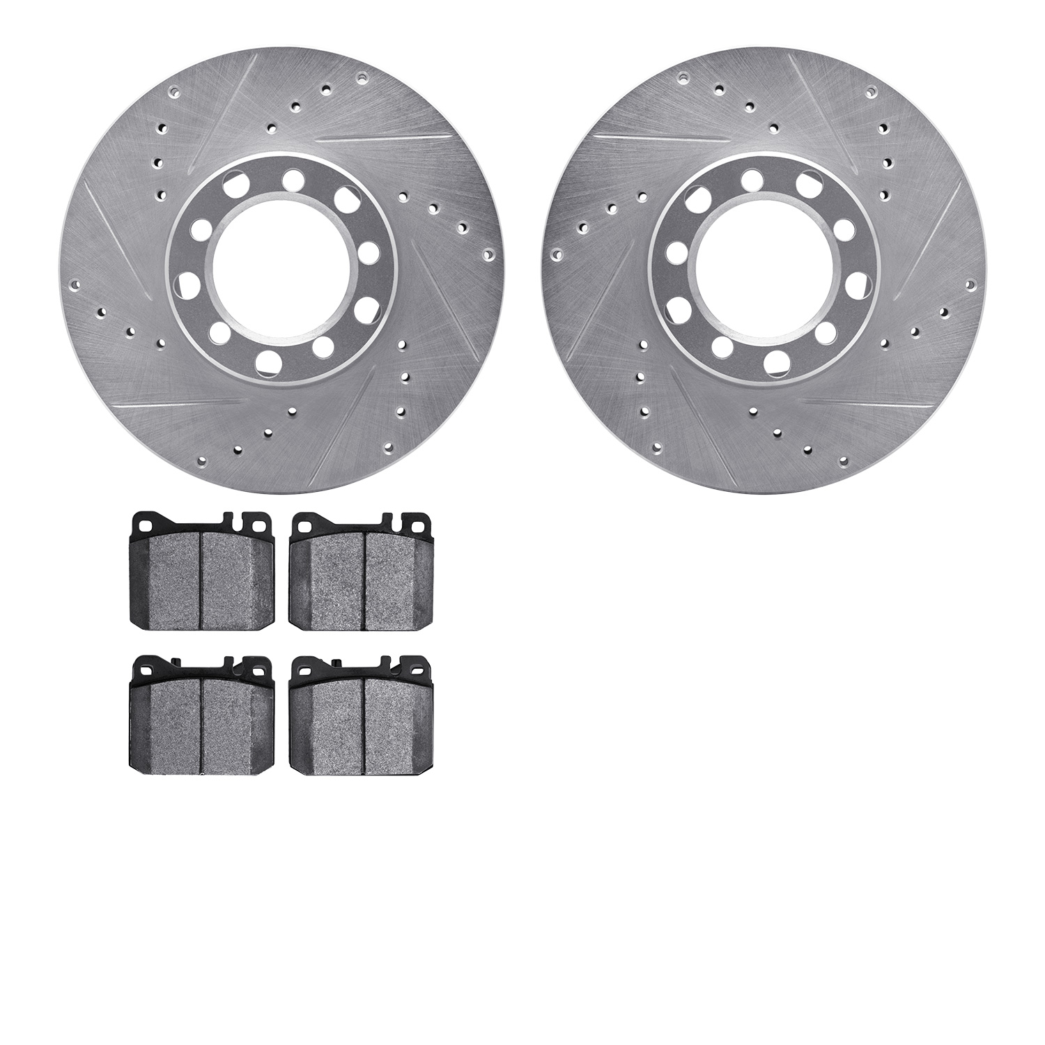 7502-63155 Drilled/Slotted Brake Rotors w/5000 Advanced Brake Pads Kit [Silver], 1979-1985 Mercedes-Benz, Position: Front