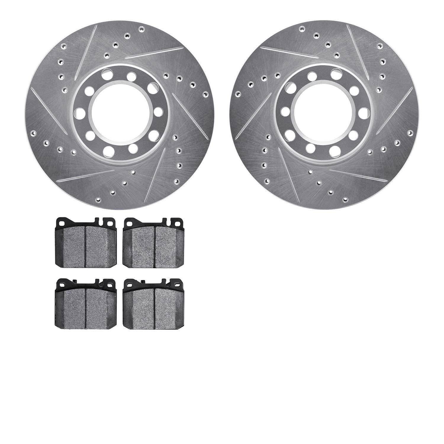 7502-63159 Drilled/Slotted Brake Rotors w/5000 Advanced Brake Pads Kit [Silver], 1979-1980 Mercedes-Benz, Position: Front