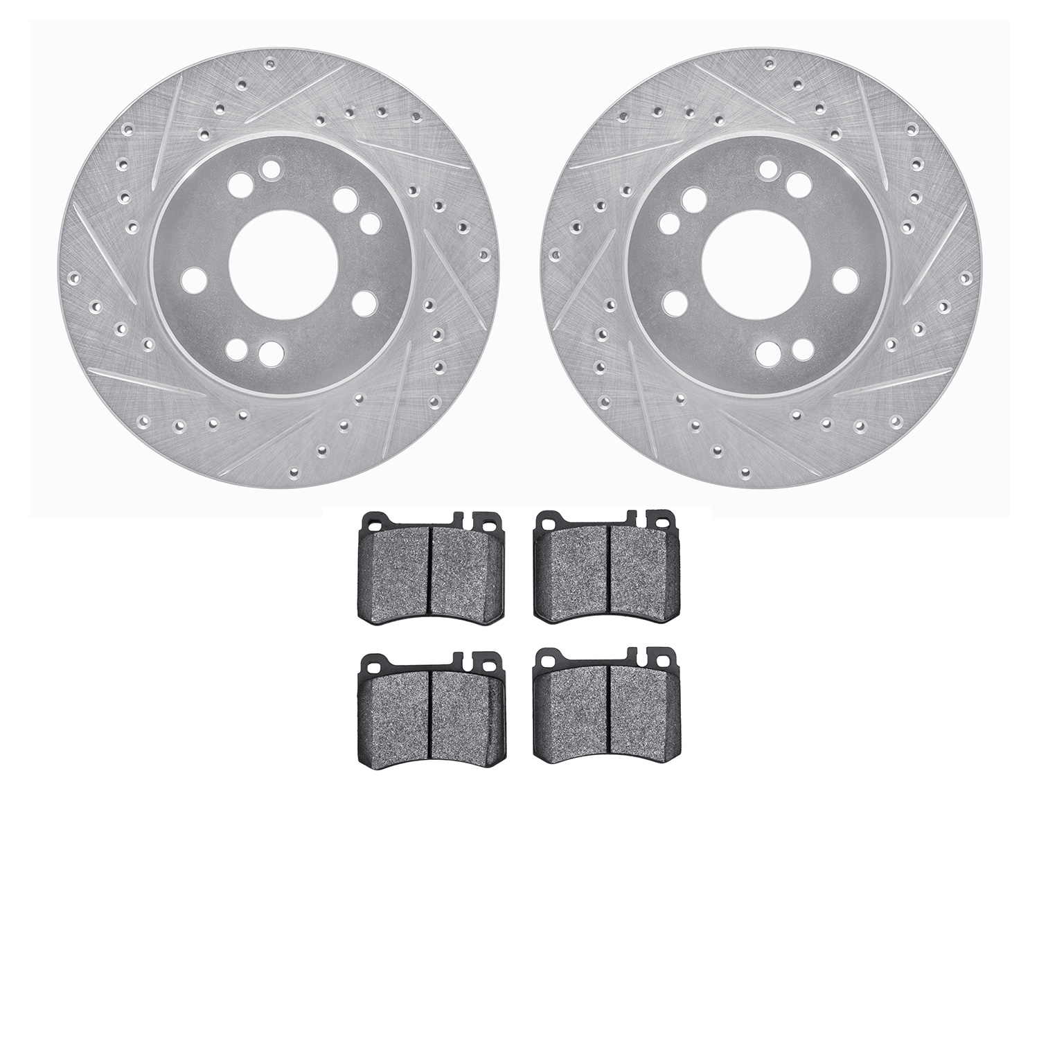 7502-63195 Drilled/Slotted Brake Rotors w/5000 Advanced Brake Pads Kit [Silver], 1986-1989 Mercedes-Benz, Position: Front