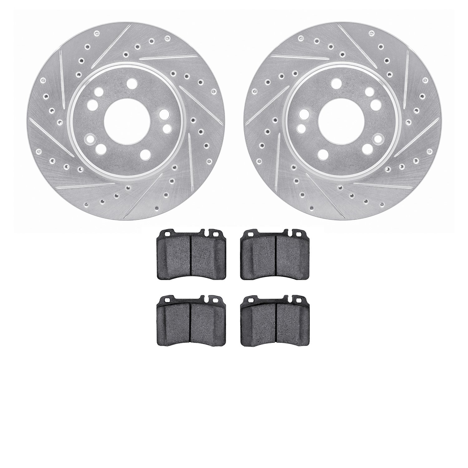 7502-63206 Drilled/Slotted Brake Rotors w/5000 Advanced Brake Pads Kit [Silver], 1990-1998 Mercedes-Benz, Position: Front
