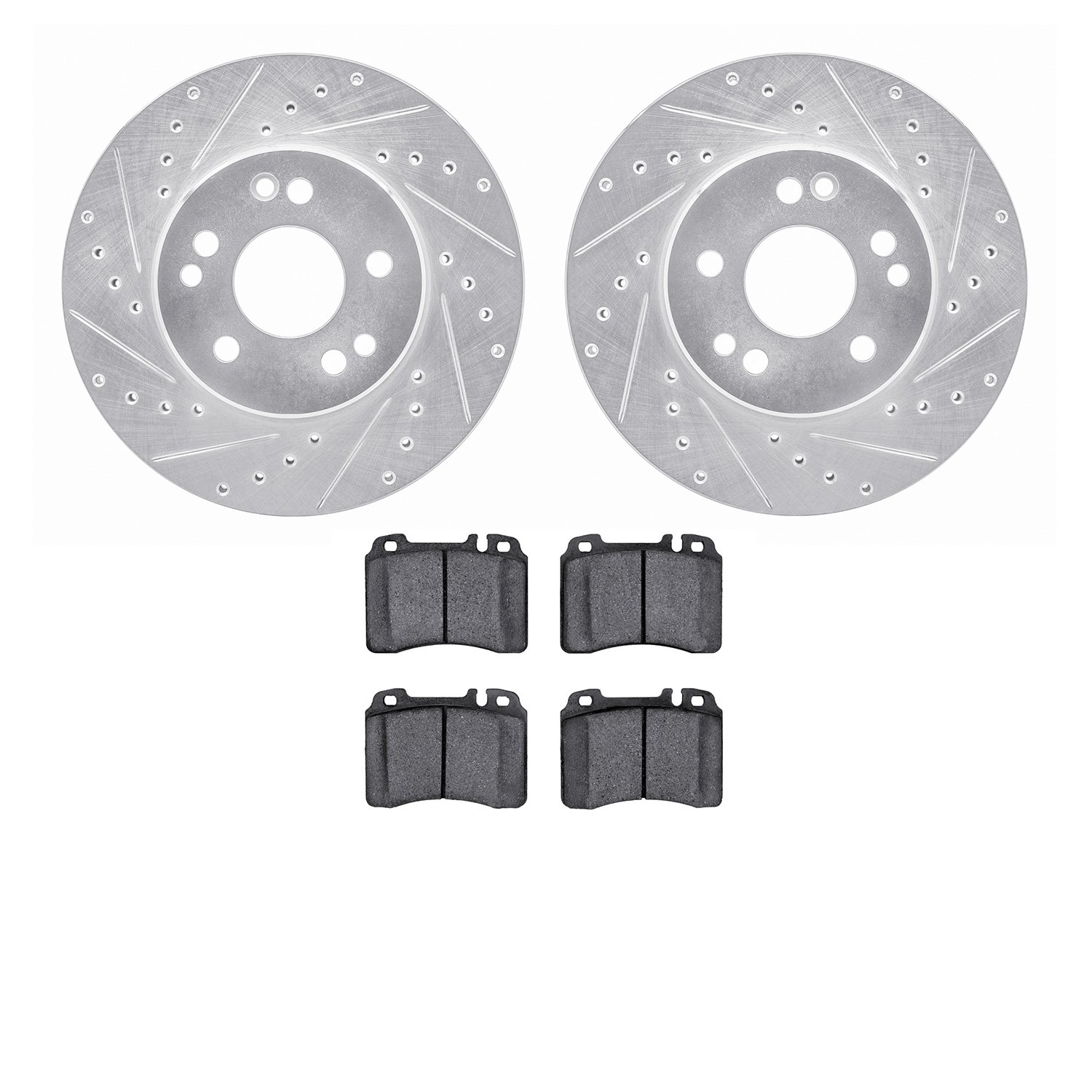 7502-63209 Drilled/Slotted Brake Rotors w/5000 Advanced Brake Pads Kit [Silver], 1990-1995 Mercedes-Benz, Position: Front