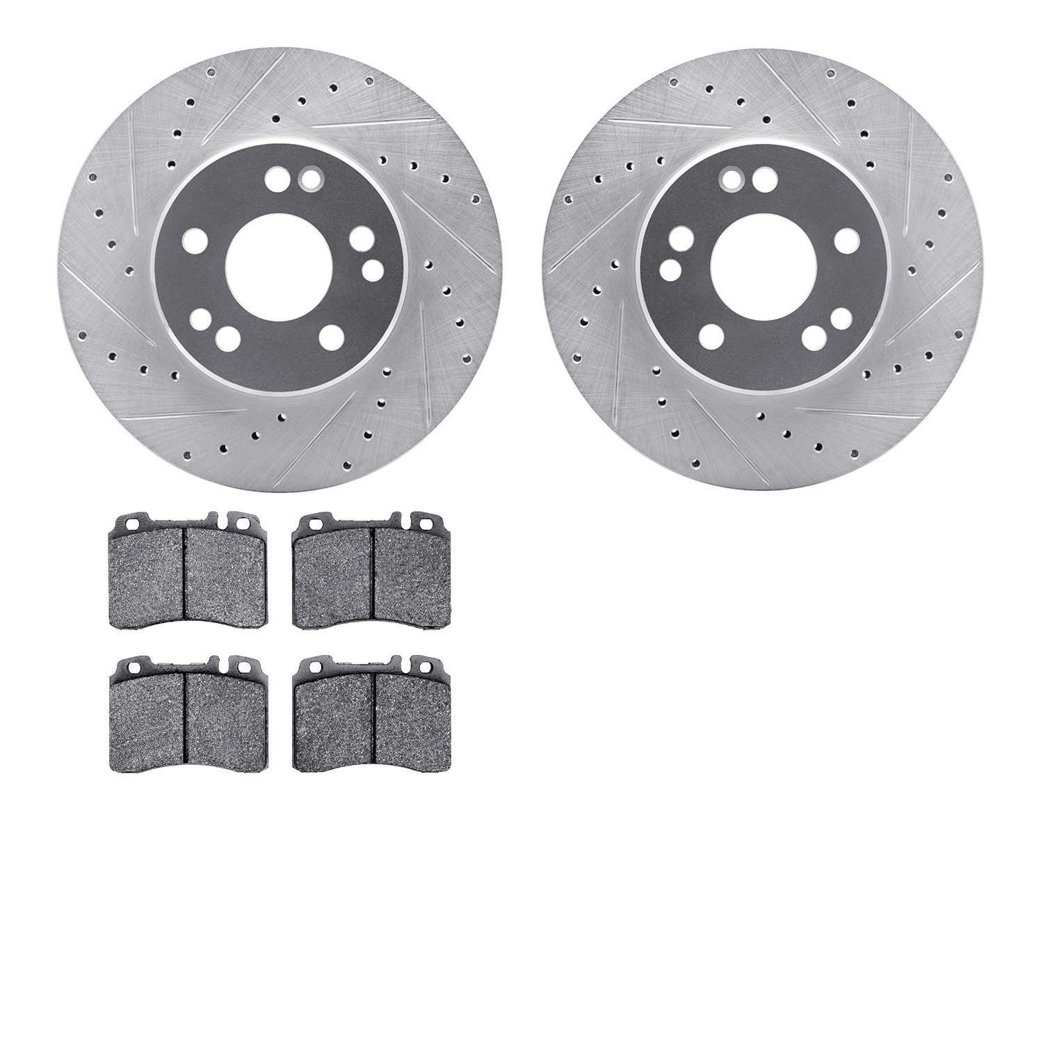 7502-63243 Drilled/Slotted Brake Rotors w/5000 Advanced Brake Pads Kit [Silver], 1990-1995 Mercedes-Benz, Position: Front