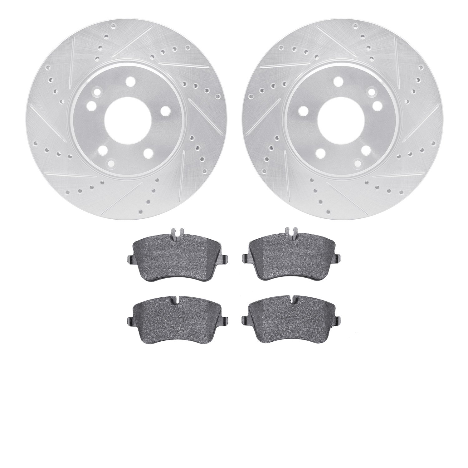 7502-63302 Drilled/Slotted Brake Rotors w/5000 Advanced Brake Pads Kit [Silver], 2001-2011 Mercedes-Benz, Position: Front